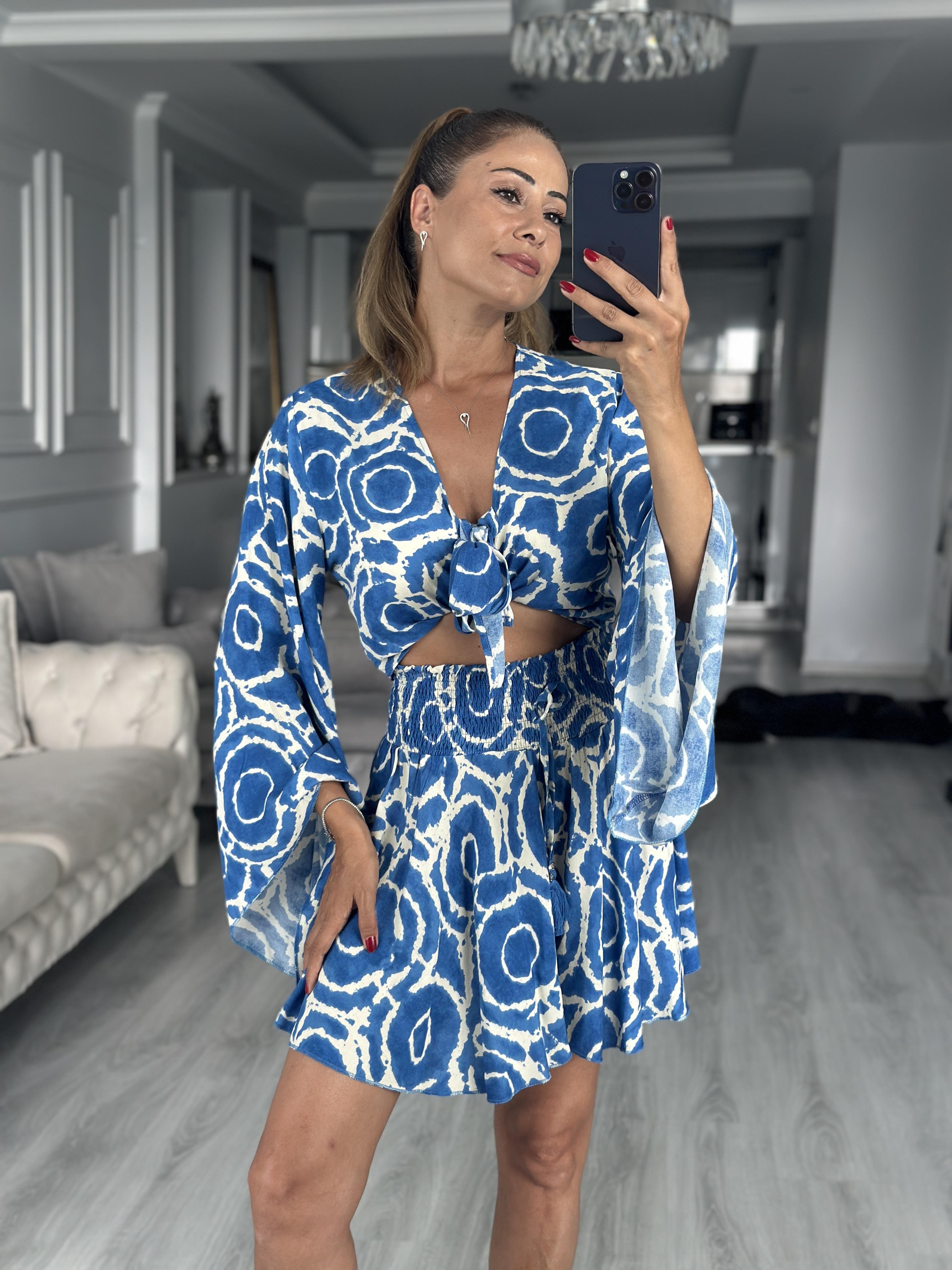 Mavi Desenli Bağlamalı Bluz Beli Gipeli Şort Kadın Alt Üst Takım