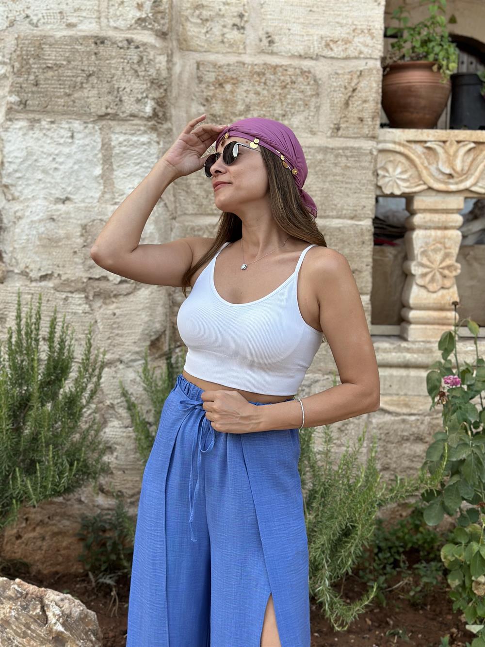 Mavi Kapaklı Bağlamalı Kadın Pantolon