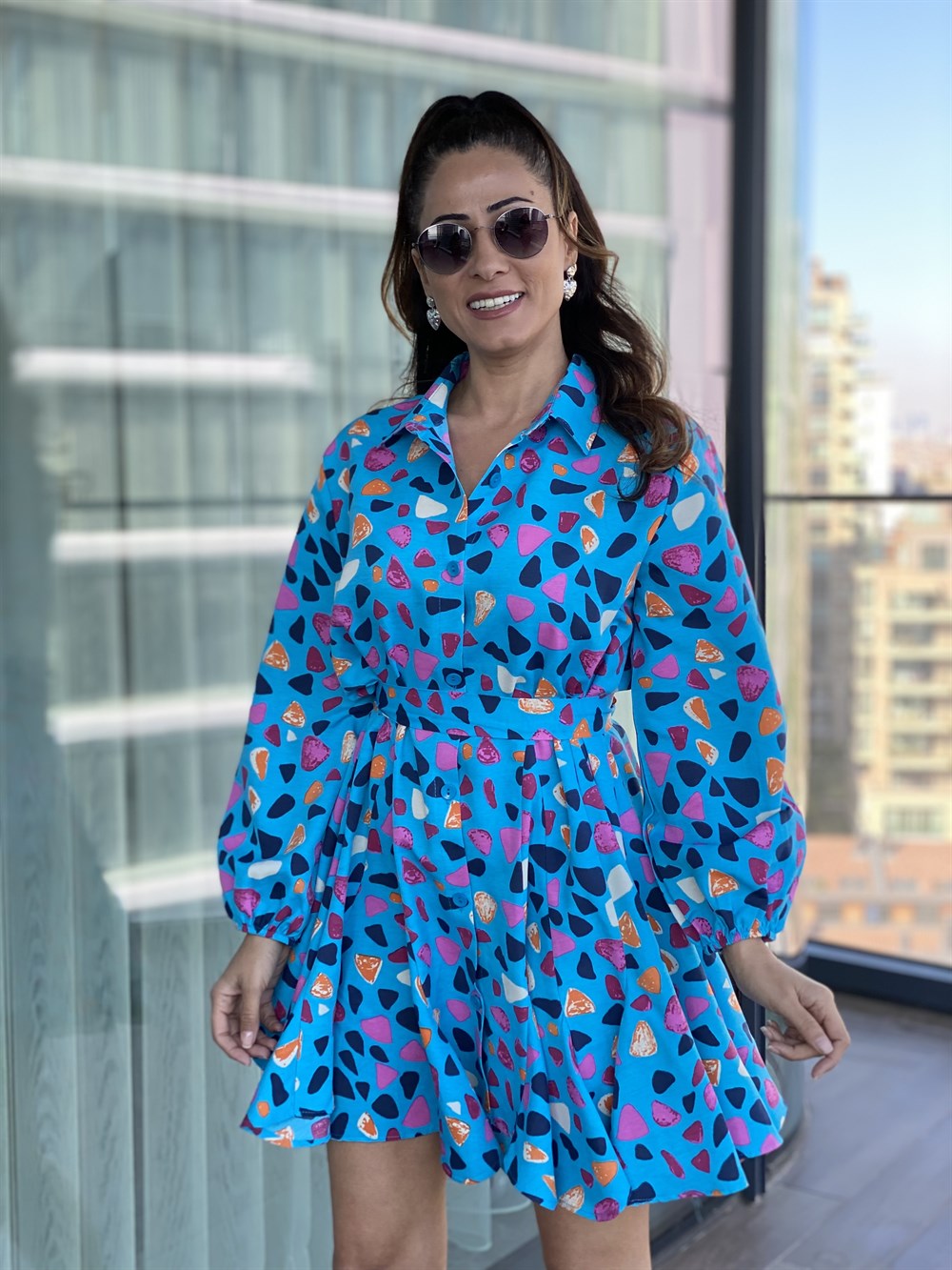 Mavi Parçalı Kuşaklı Gömlek Elbise