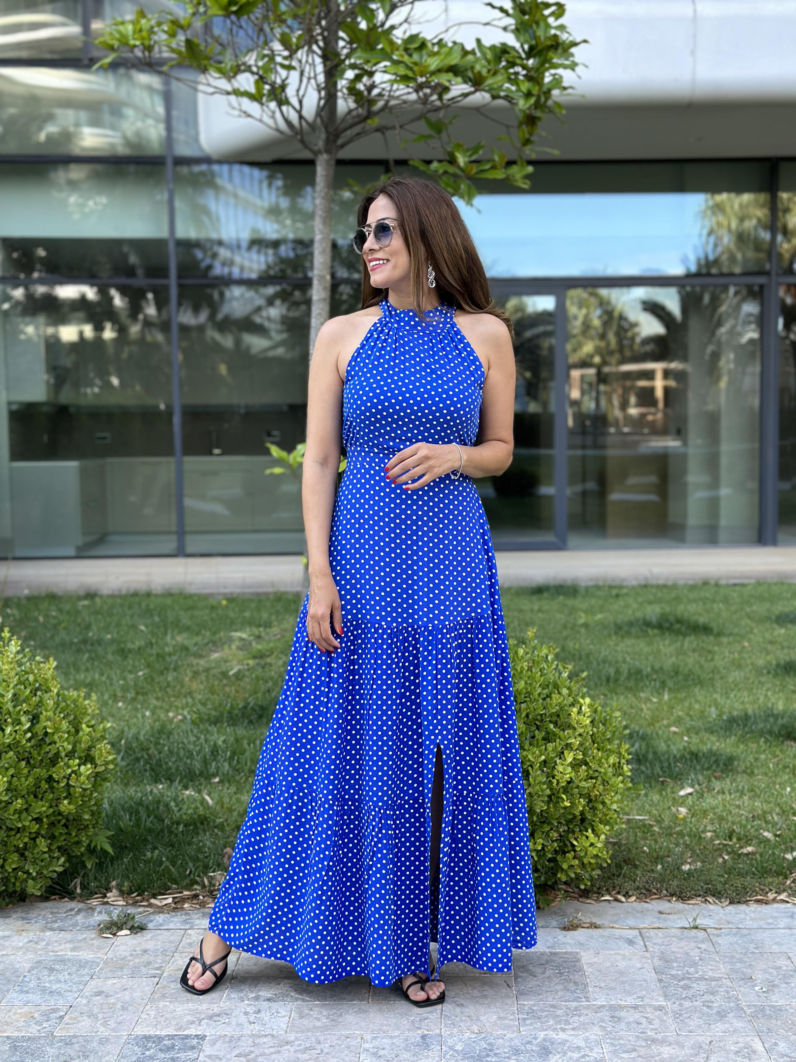 Mavi Puantiyeli Yüzücü Yaka Maksi Boy Yırtmaçlı Kadın Elbise