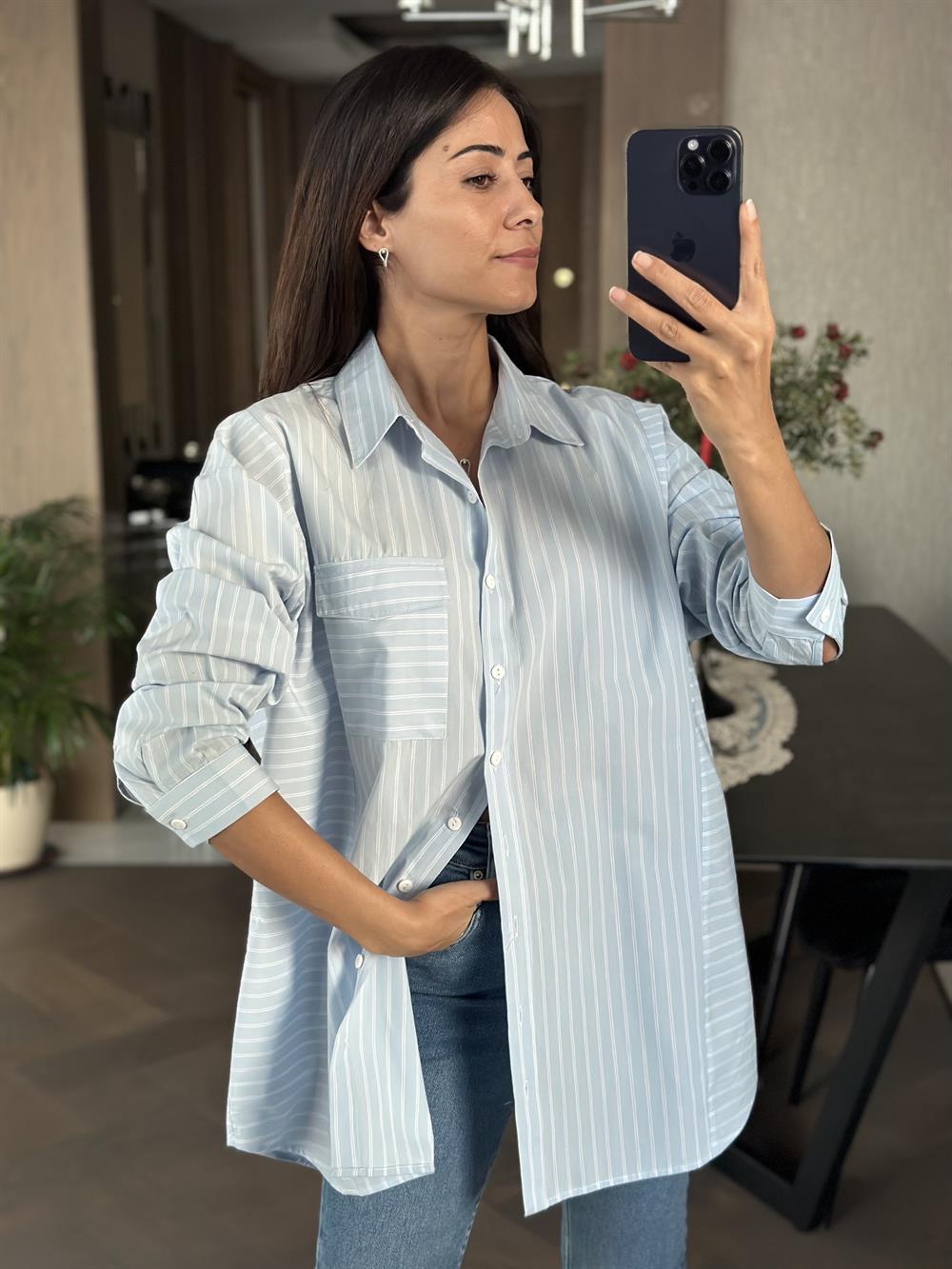 Mavi Tek Cepli Çizgili Poplin Kadın Gömlek
