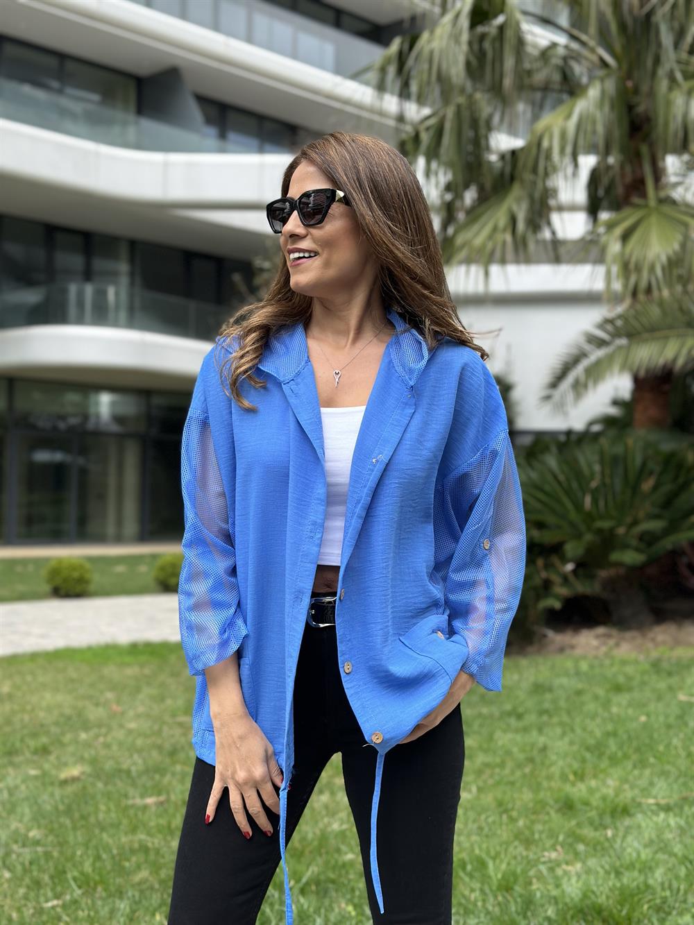 Mavi Yan File Kapüşonlu Keten Aerobin Kadın Ceket