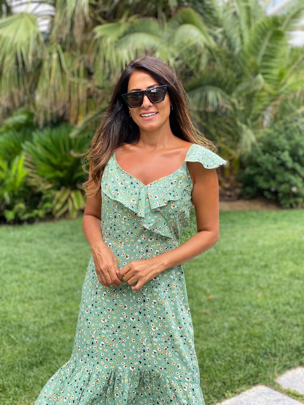 Mint Yeşili Çiçek Desen Yaka Volanlı Viskon Kadın Elbise