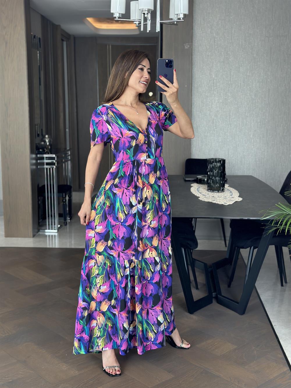 Mor Desenli V Yaka Brit Düğmeli Maksi Kadın Elbise