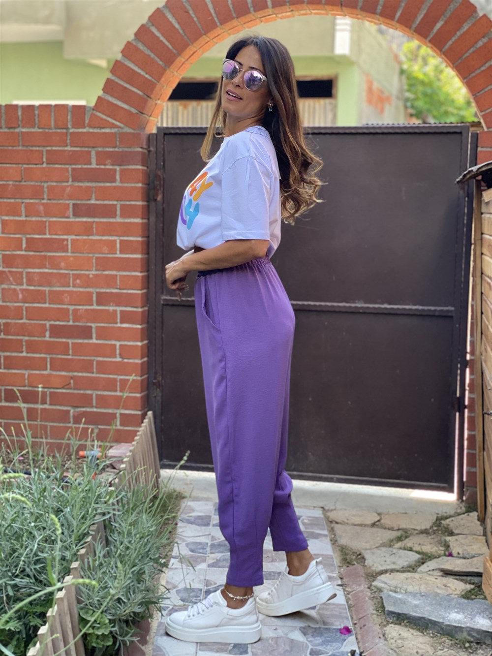 Mor Paça Pensli Beli Lastikli Aerobin Kadın Pantolon