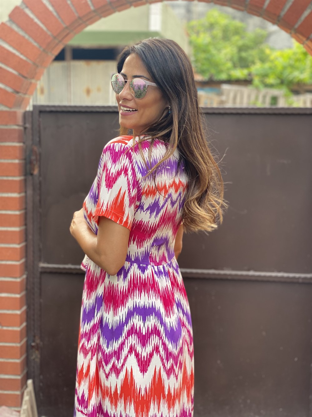 Mor Renkli Önü Düğmeli Kuşaklı  Kadın Elbise