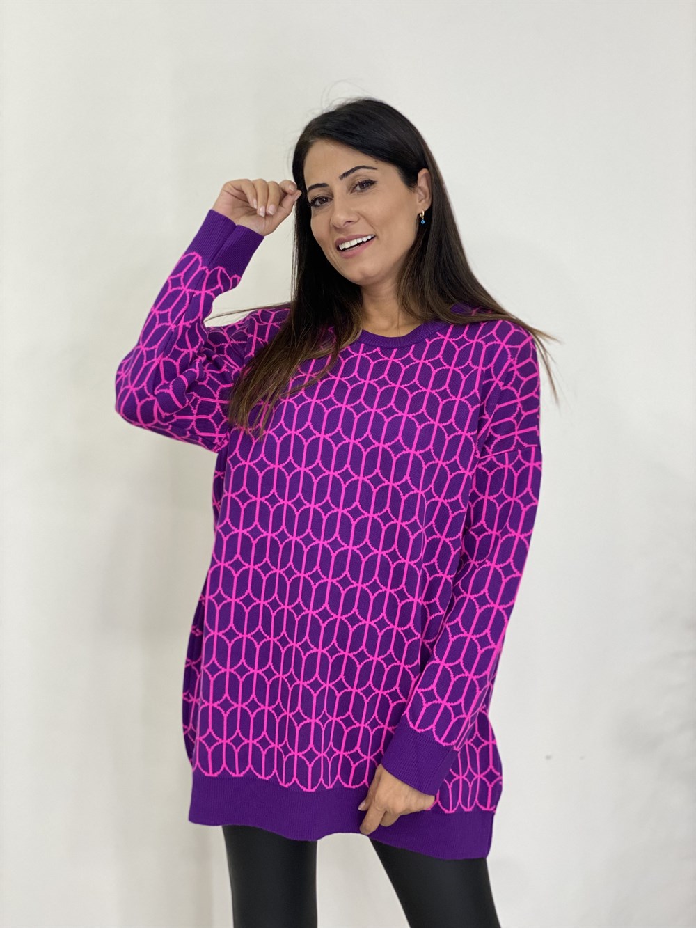 Mor Turuncu Geometrik Desen Bisiklet Yaka Triko Kadın Kazak