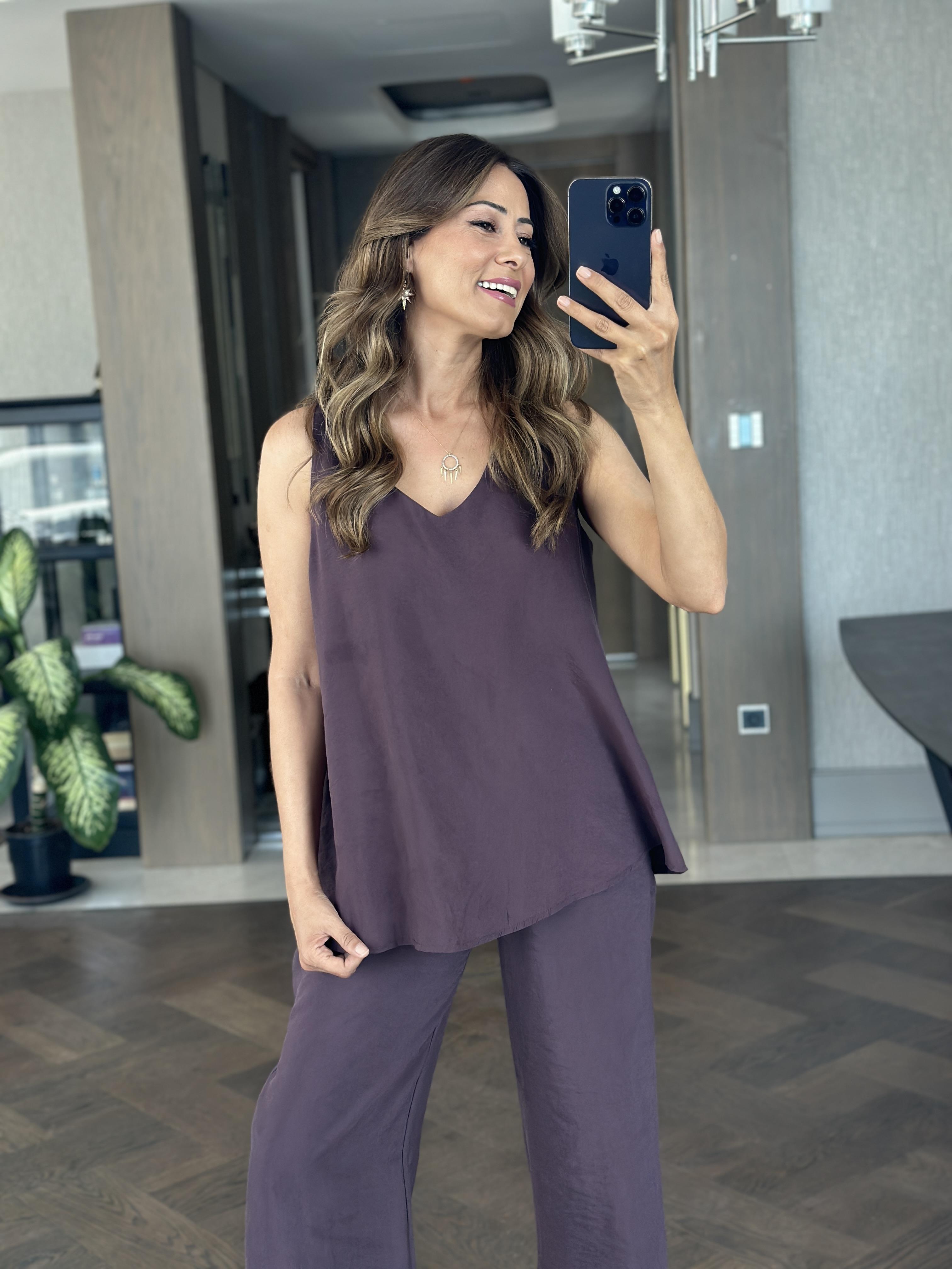 Mor V Yaka Bluz Bol Paça Pantolon Kadın Alt Üst Takım