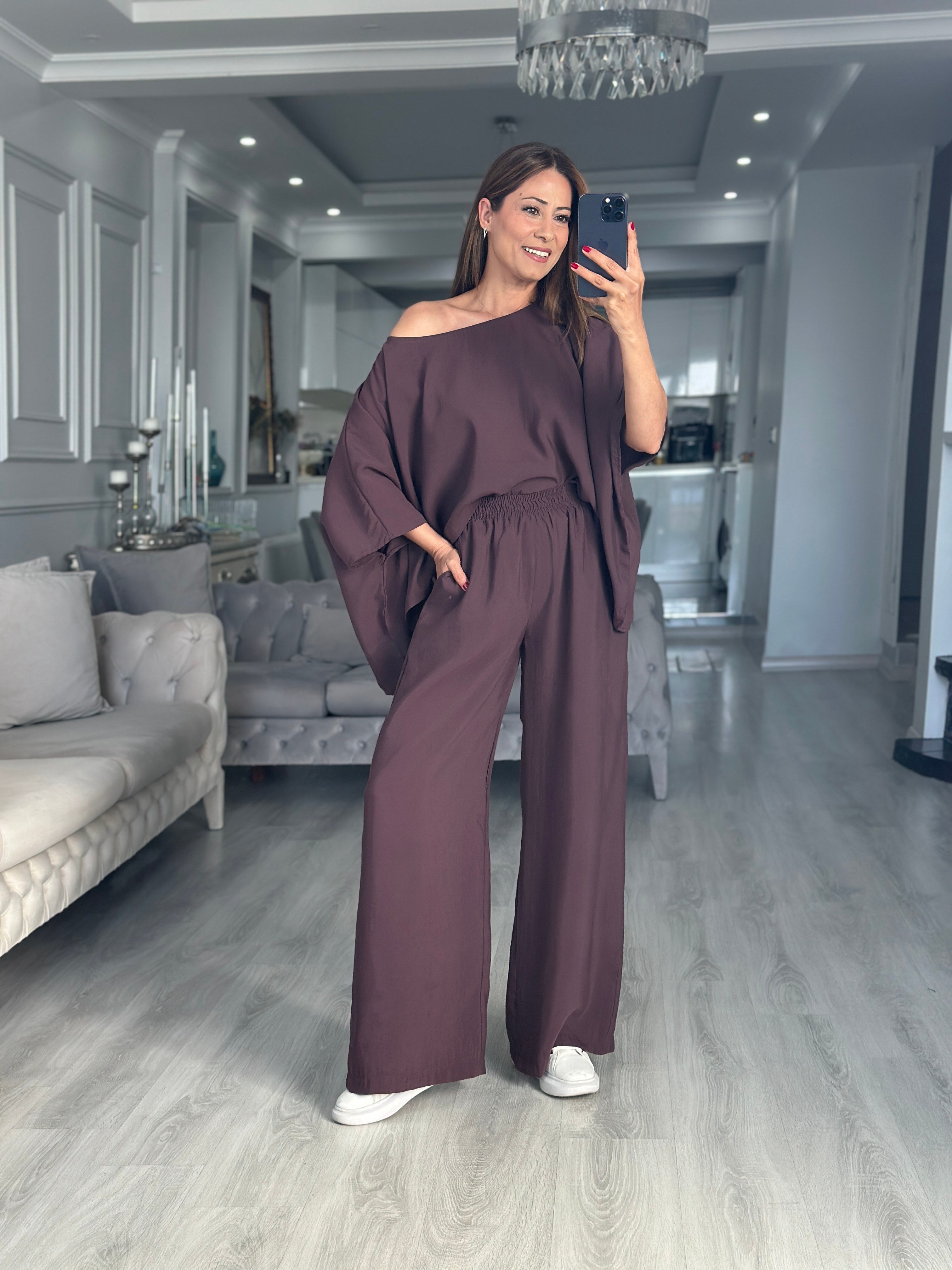 Mürdüm Pelerin Bluz Pantolon Kadın İkili Takım