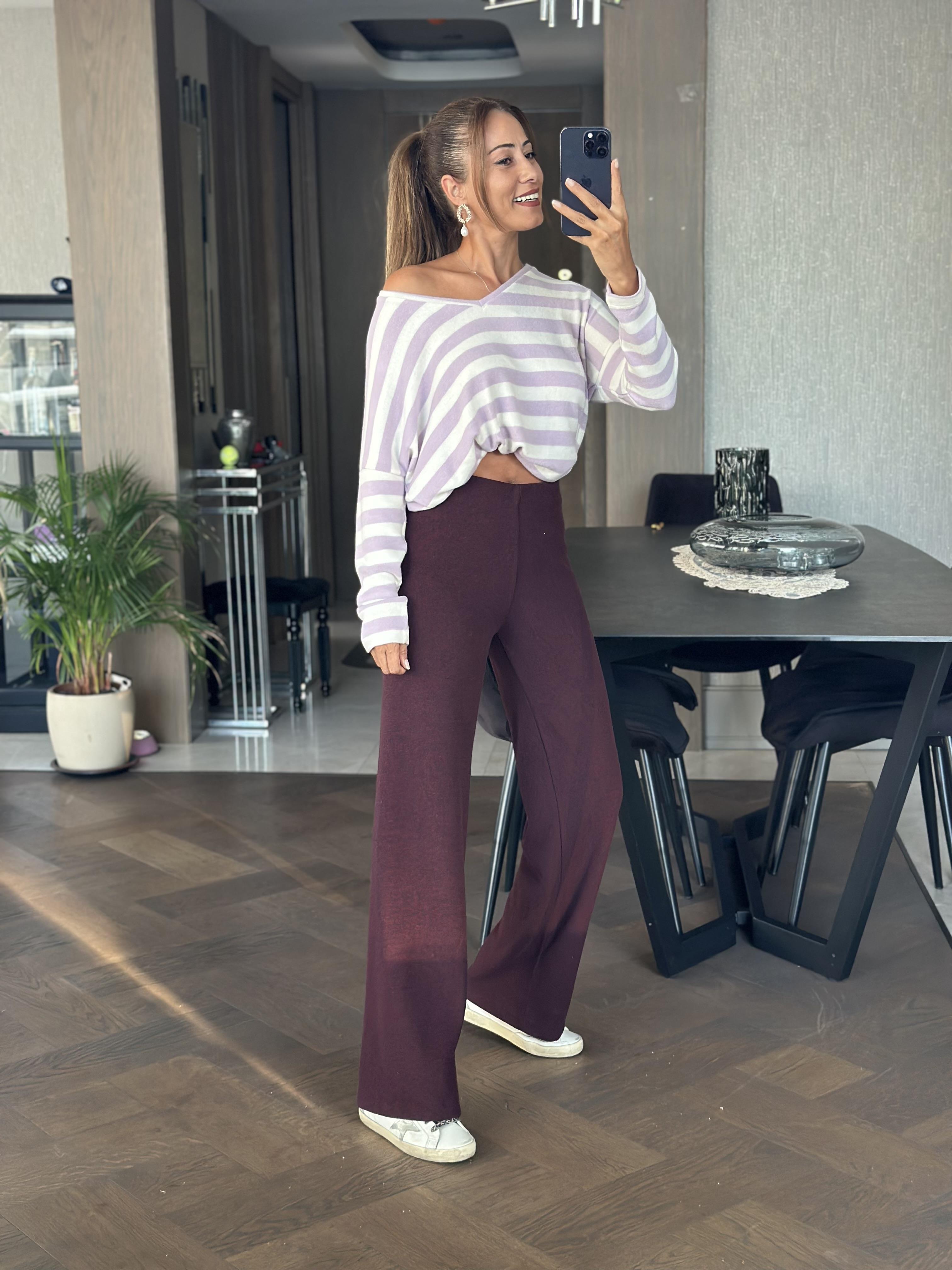 Mürdüm Yumoş Beli Lastikli Bol Paça Kadın Pantolon