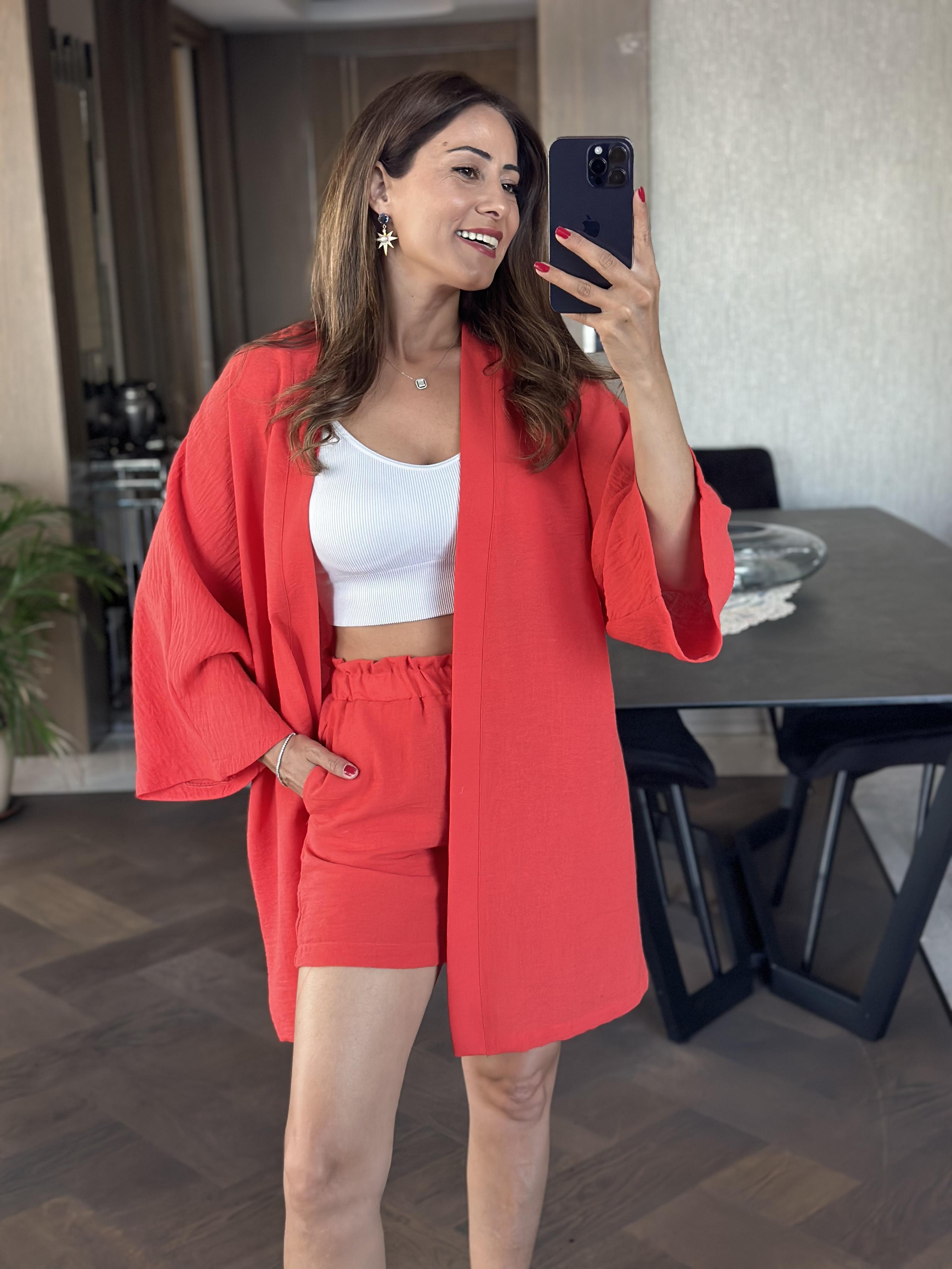 Nar Çiçeği Aerobin Şortlu Kimono Kadın Alt Üst Takım