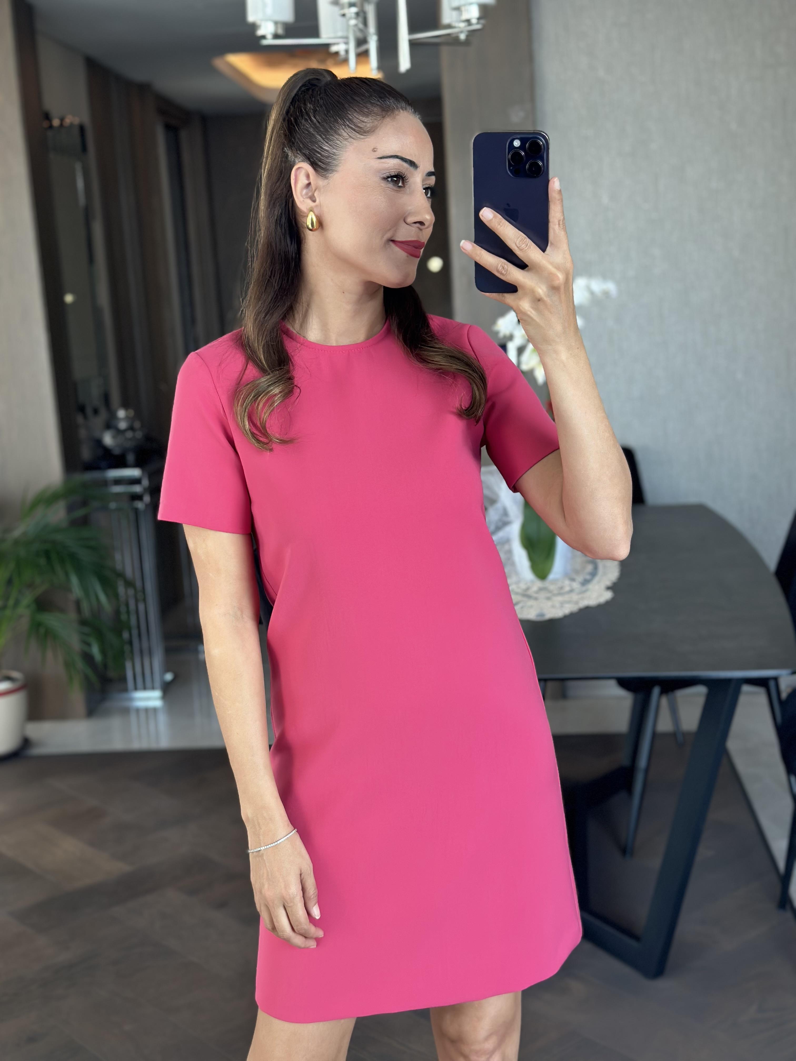 Pembe Bisiklet Yaka Kısa Kol Sırtı Fermuarlı Atlas  Kadın Mini Elbise