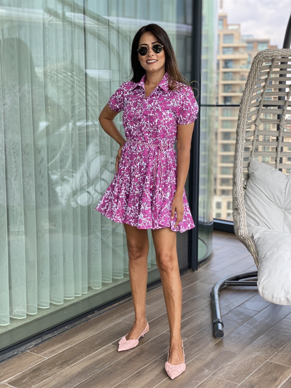 Pembe Gömlek Yaka Çiçek Desen Volanlı Kadın Elbise