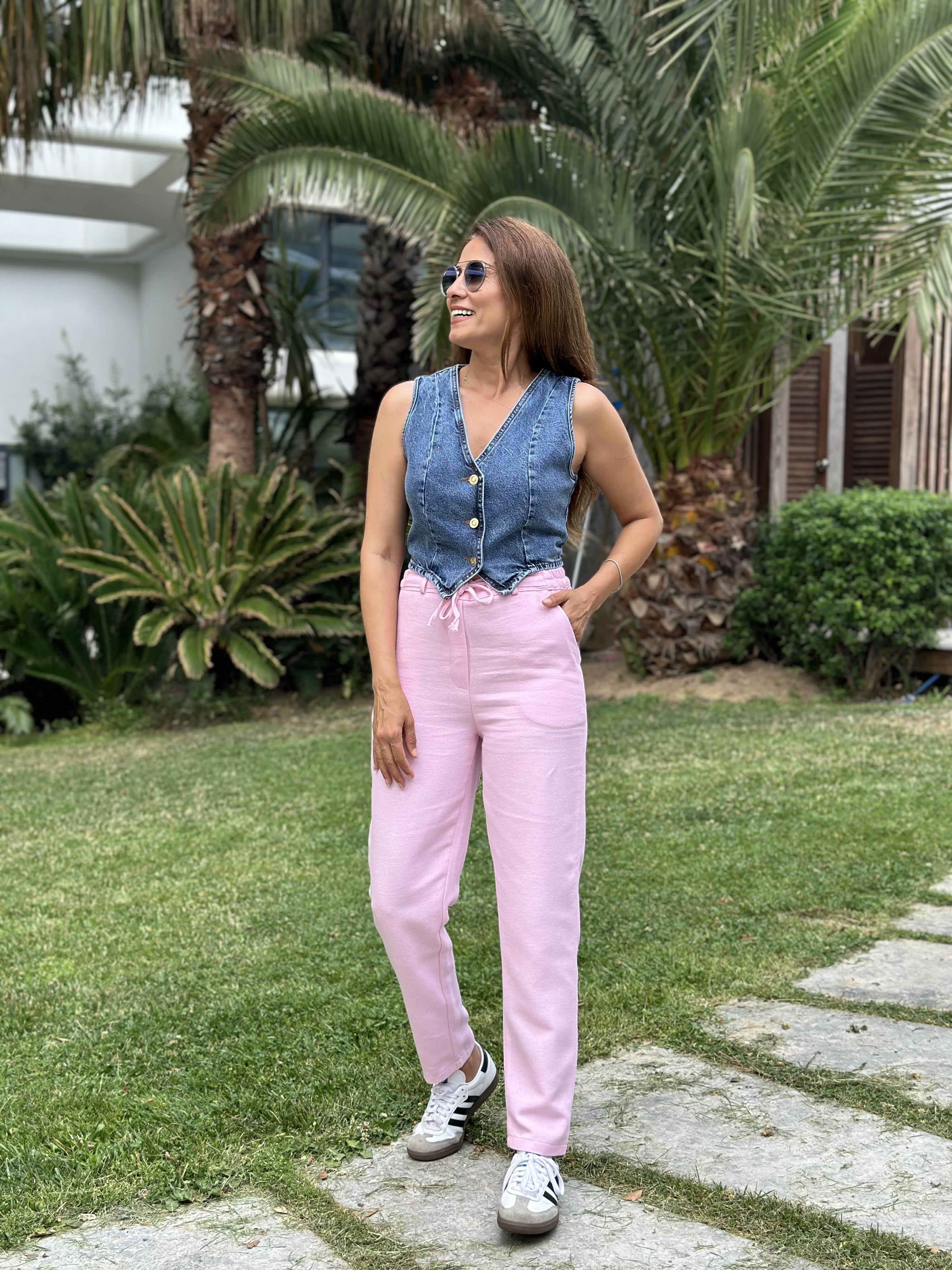 Pembe Jogger Beli Bağcıklı Keten Kadın Pantolon