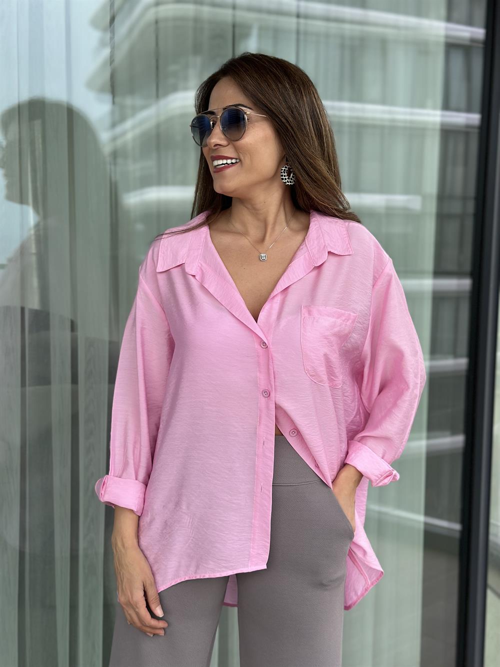 Pembe Krinkıl Oversize Kadın Gömlek