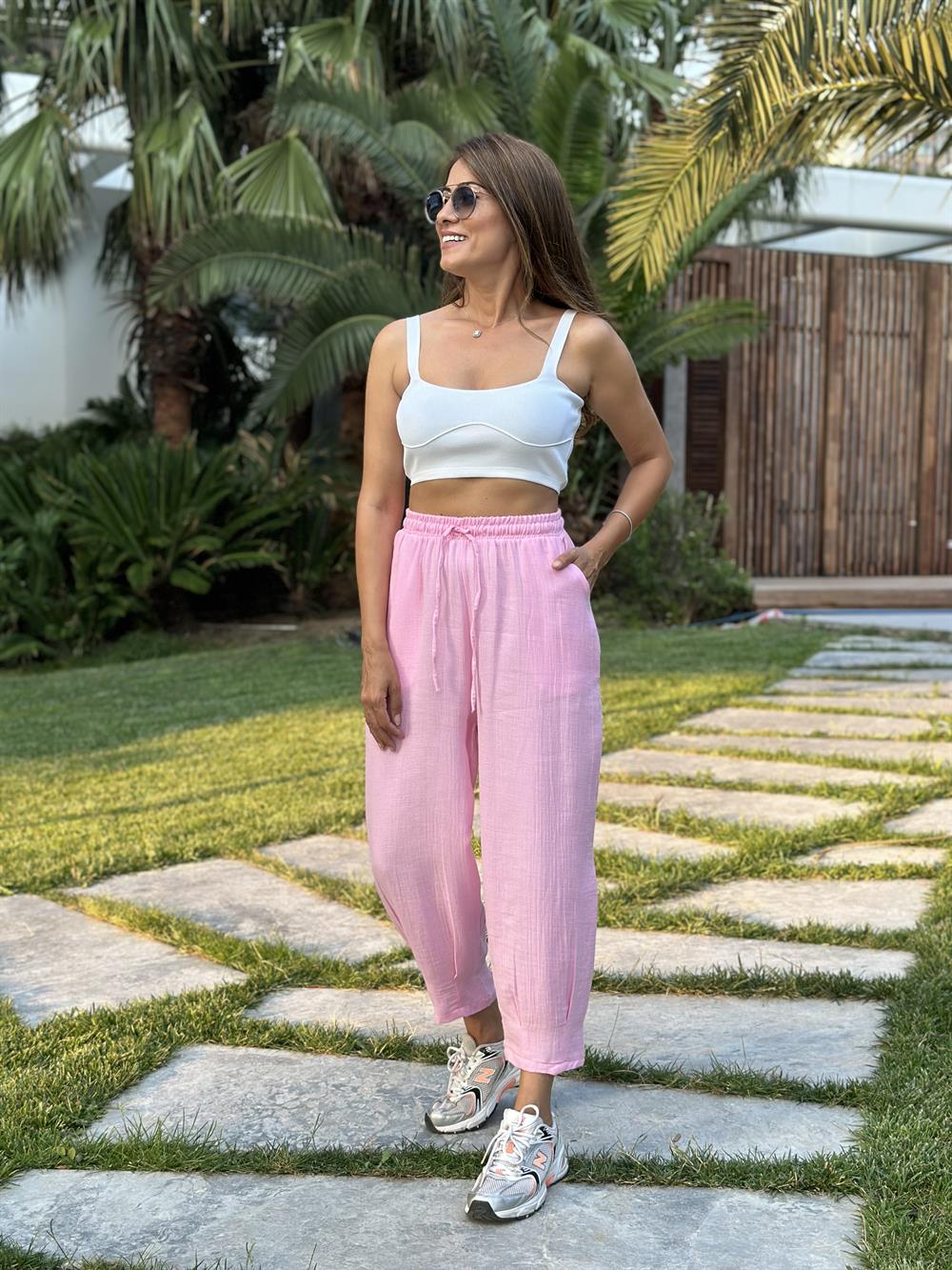 Pembe Müslin Bel Lastikli Paça Pensli Kadın Pantolon