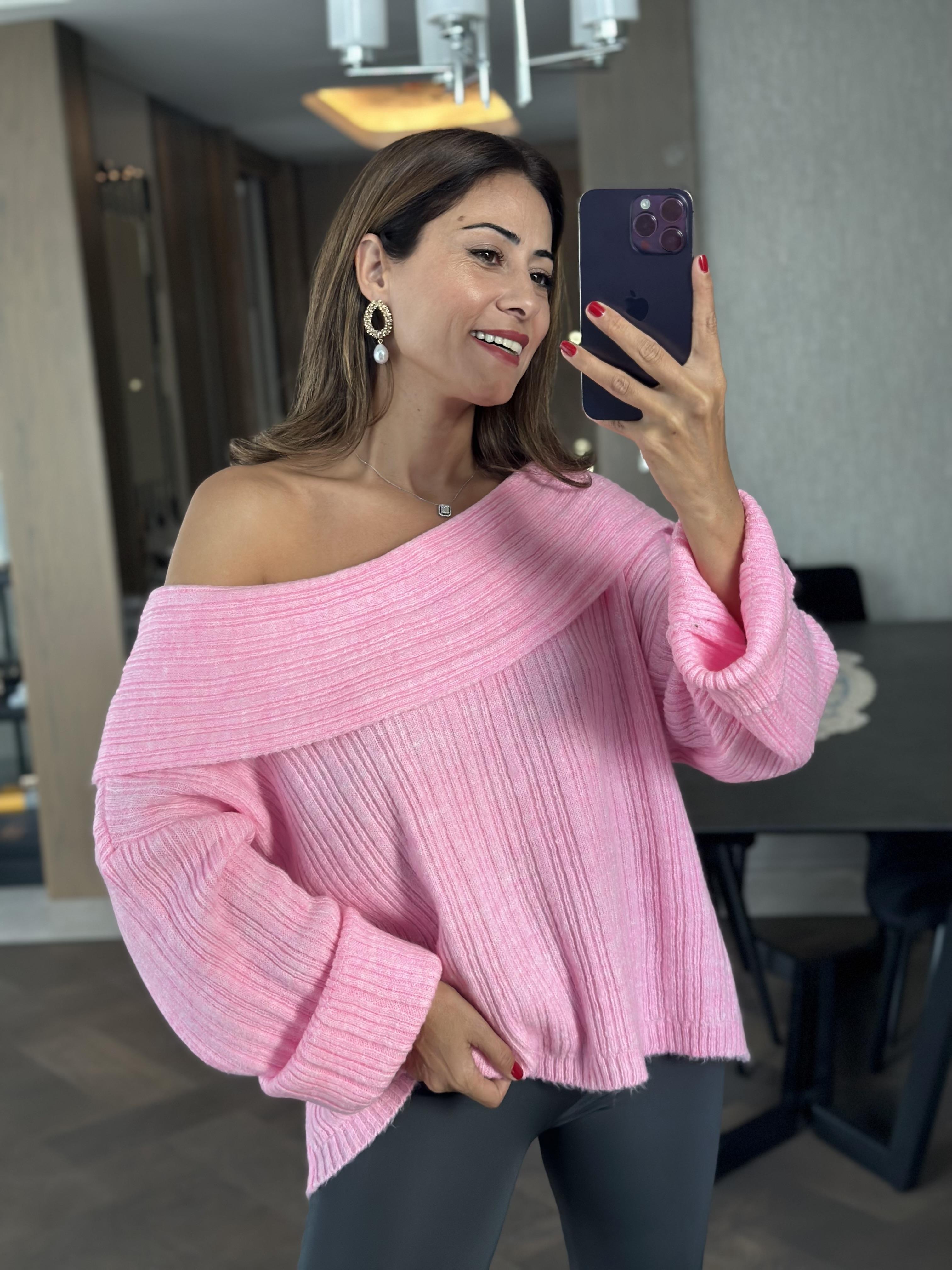 Pembe Şal Yaka Fitilli Kadın Triko Kazak