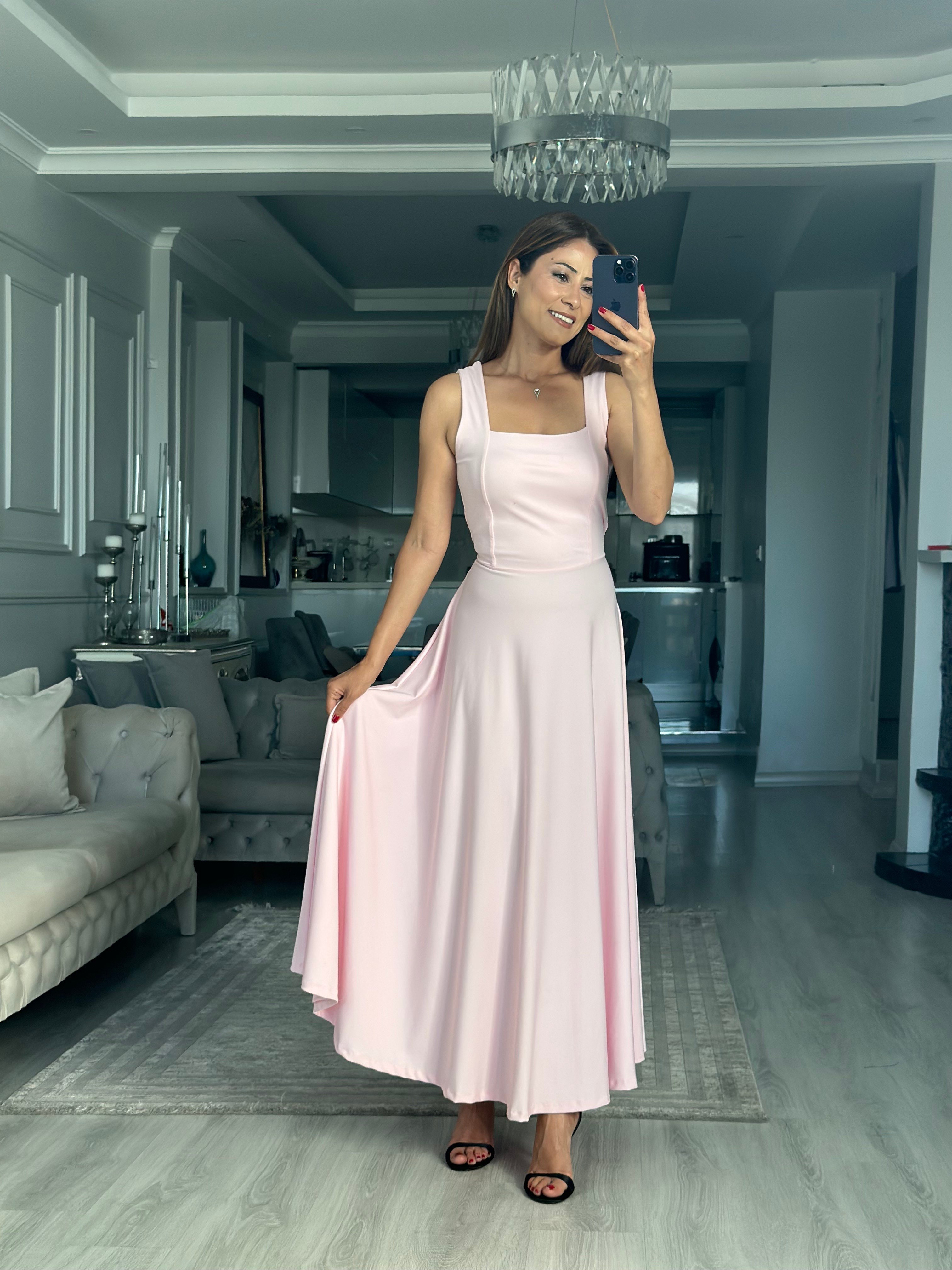 Pembe Scuba Bağlama Detay Maxi Boy Kadın Elbise 