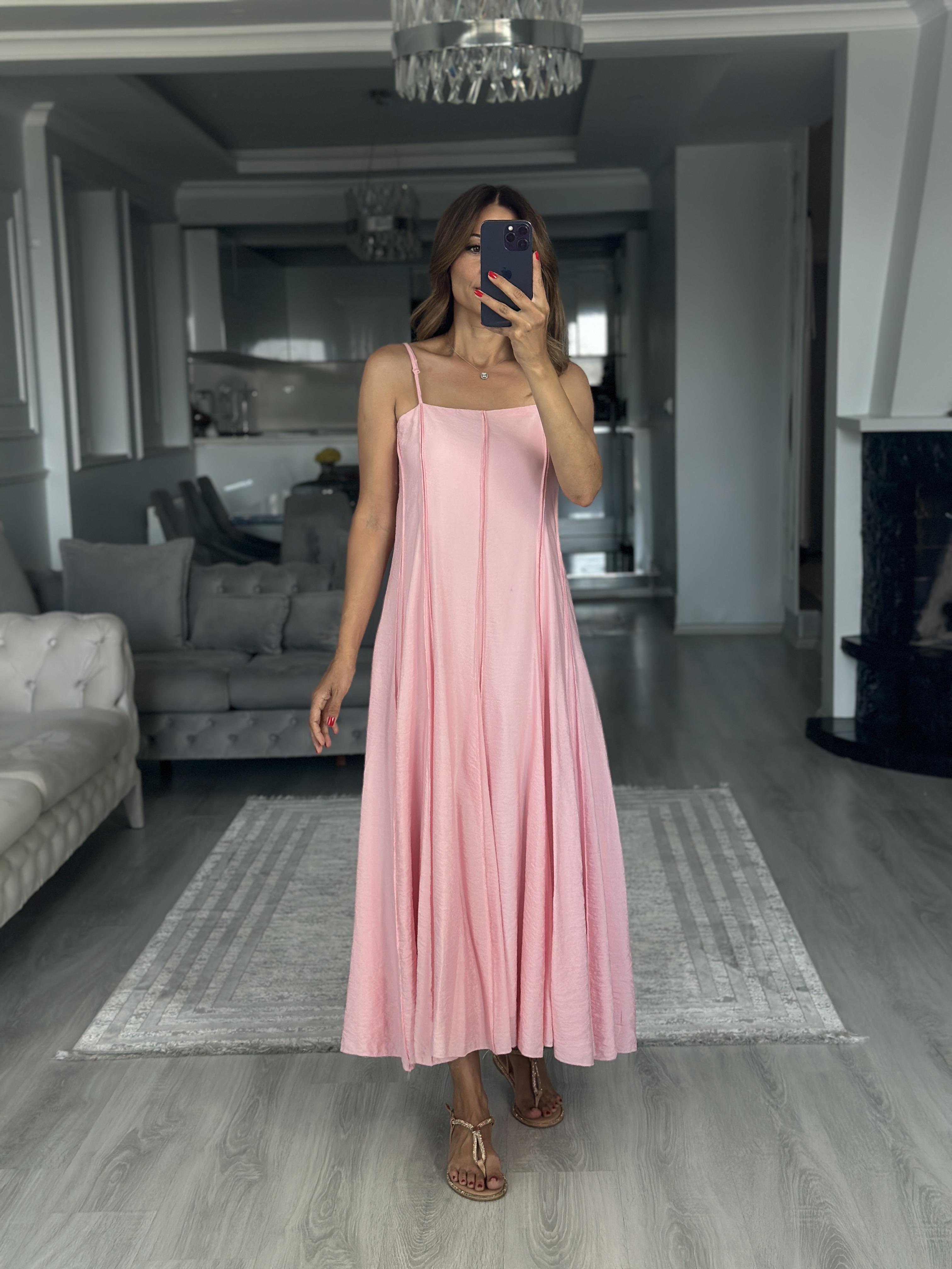 Pembe Straplez Yaka İnce Askılı Midi Boy Kadın Elbise