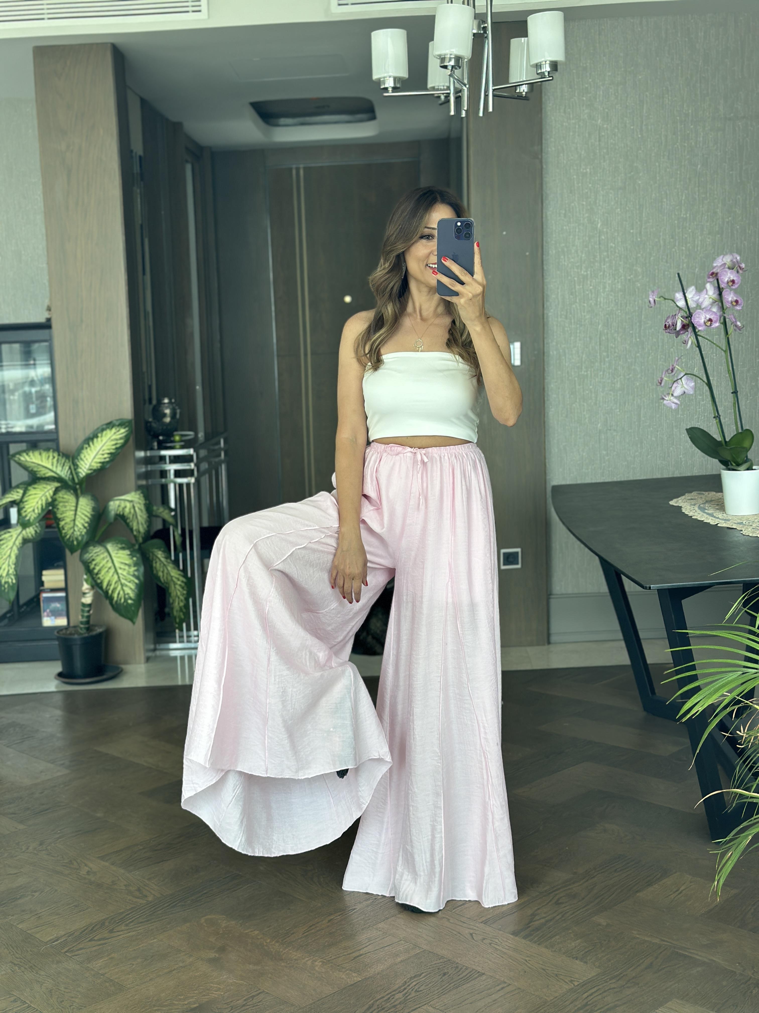 Pembe Ters Dikiş Parçalı Bağcıklı Geniş Paça Kadın Pantolon