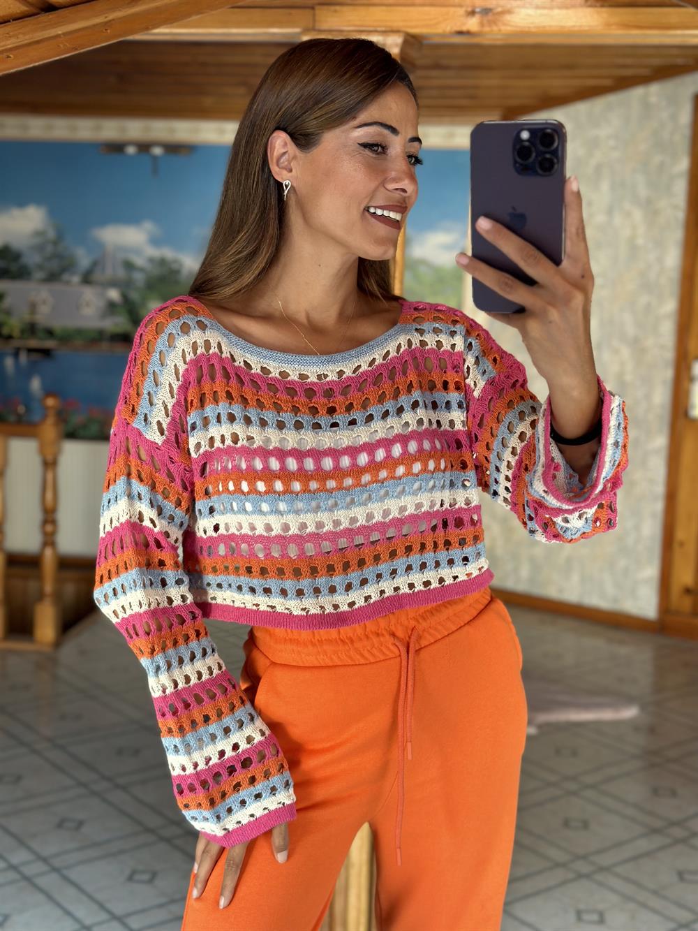 Pembe Turuncu Çizgili Geniş Kol Triko Kadın Crop Bluz