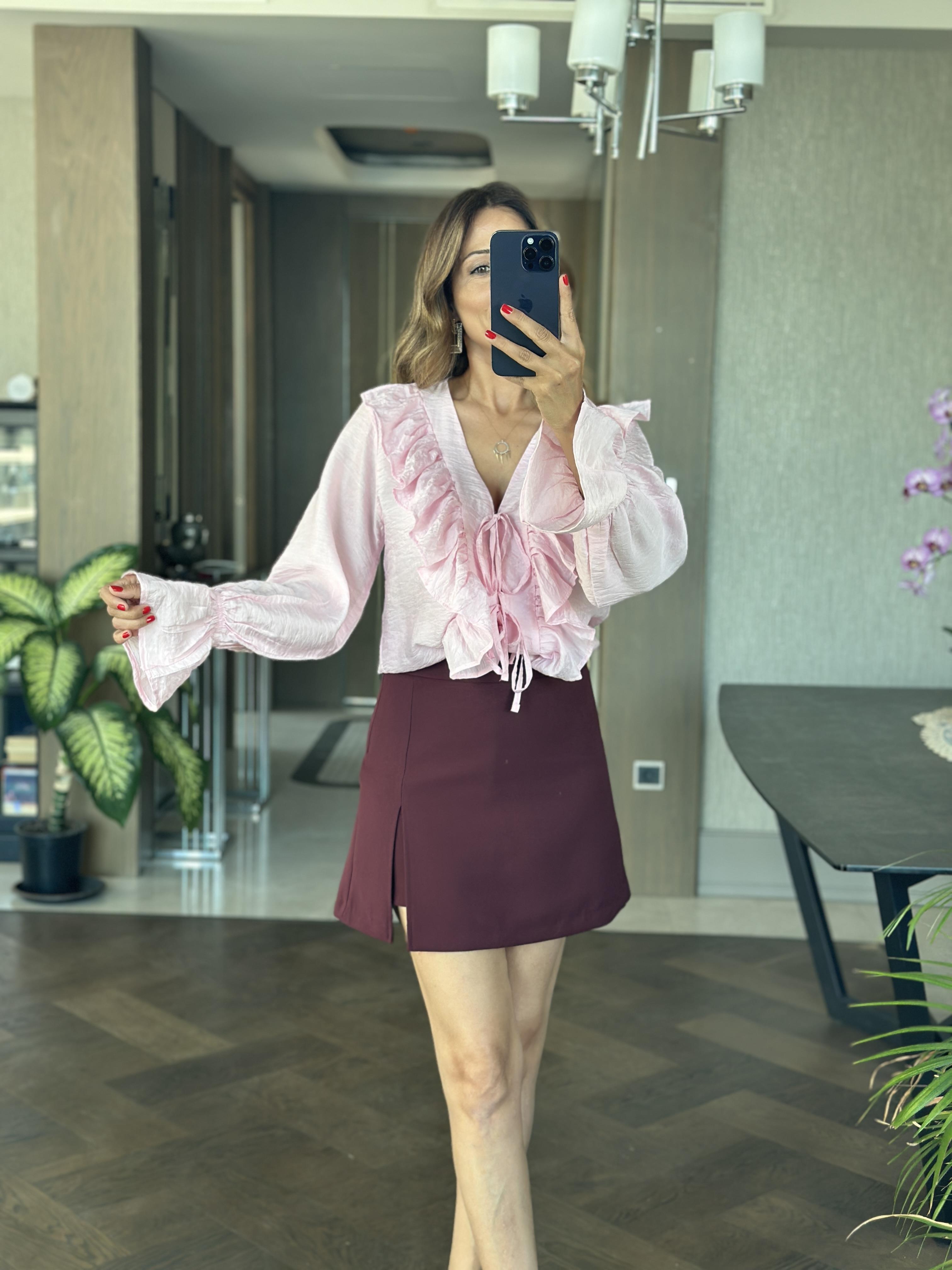 Pembe Uzun Kol Fırfır Detaylı Bağlamalı Kadın Bluz