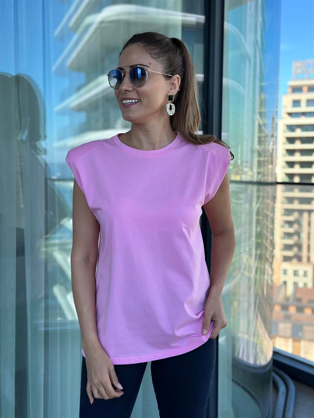Pembe Vatkalı Basic Kadın T-Shirt