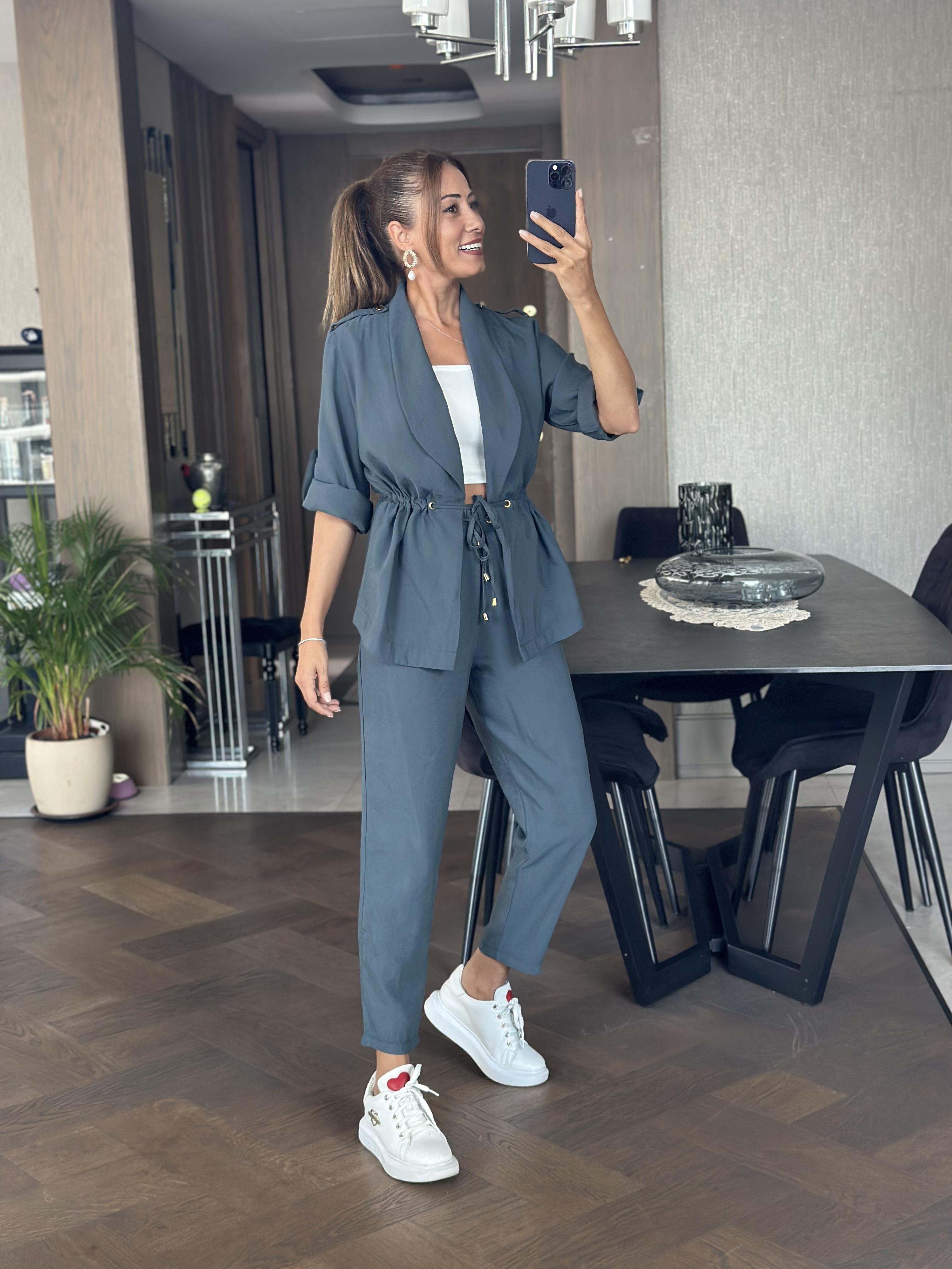 Petrol Orjinal Marka Bağcık Detay Şal Yaka Ceket Pantolon Kadın Alt Üst Takım