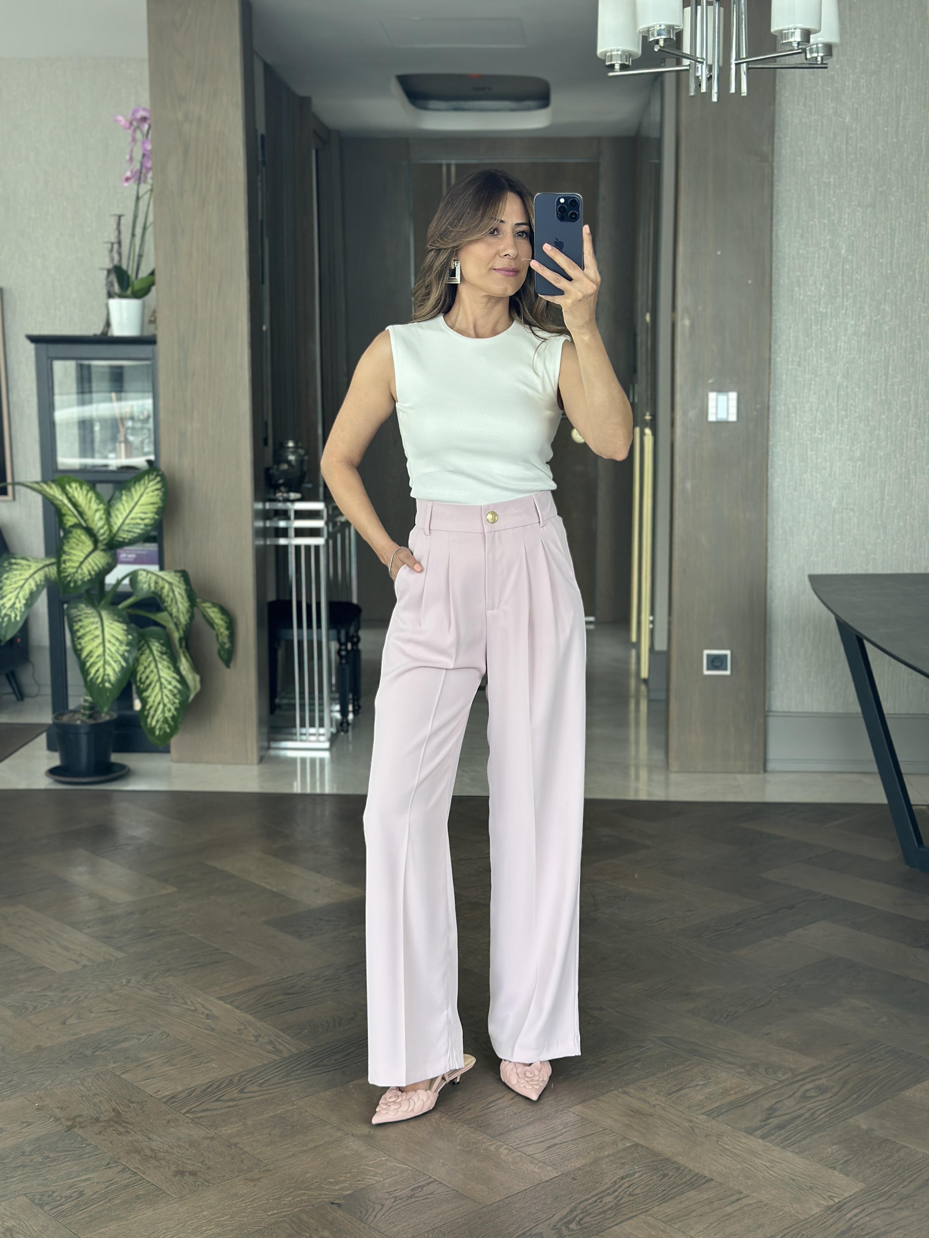 Pudra Karol Gold Düğmeli Arka Beli Lastikli Geniş Paça Kumaş Kadın Pantolon