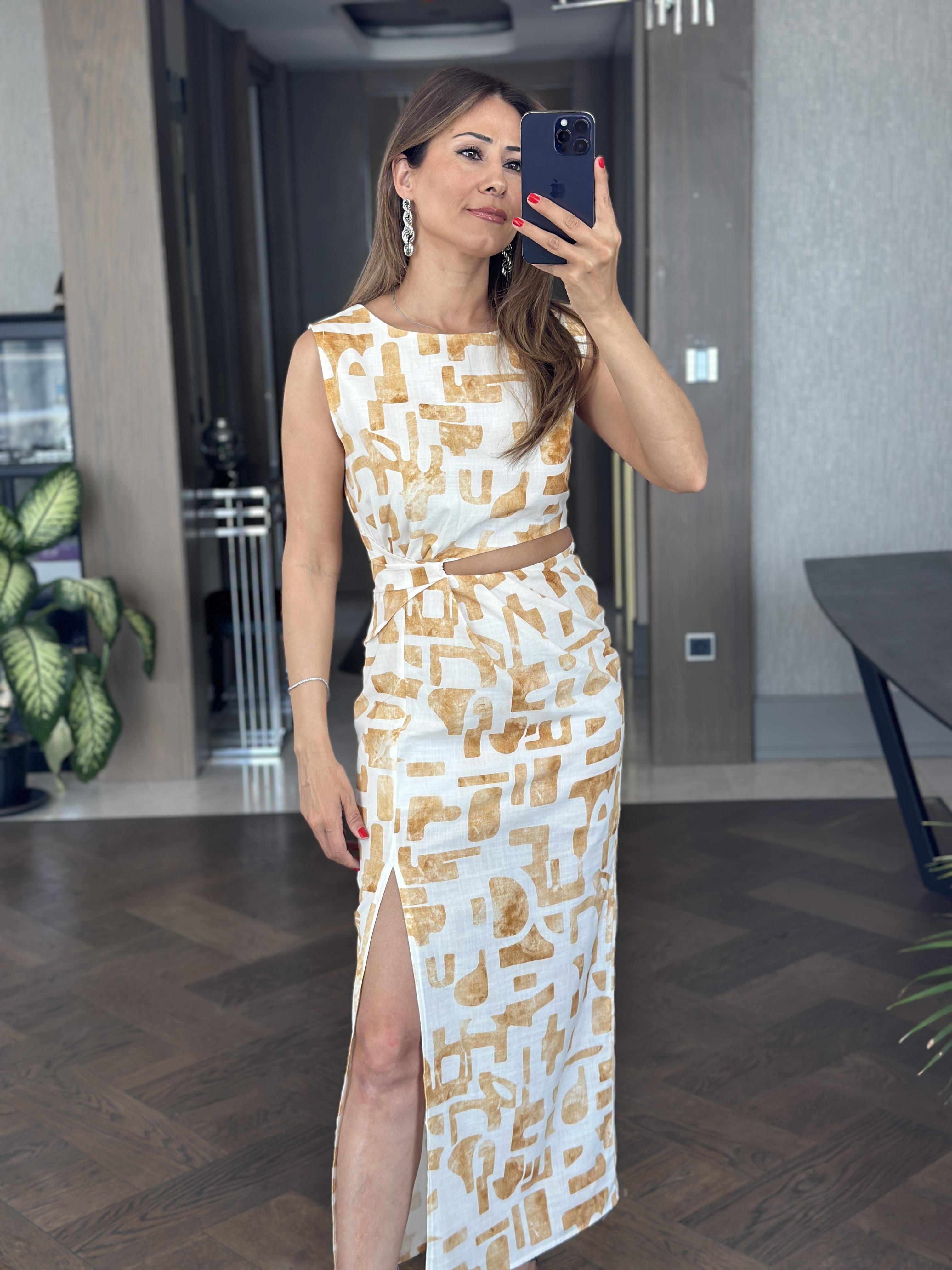 Sarı Desenli Beli Dekolteli Sıfır Kol Keten Kadın Maksi Boy Elbise