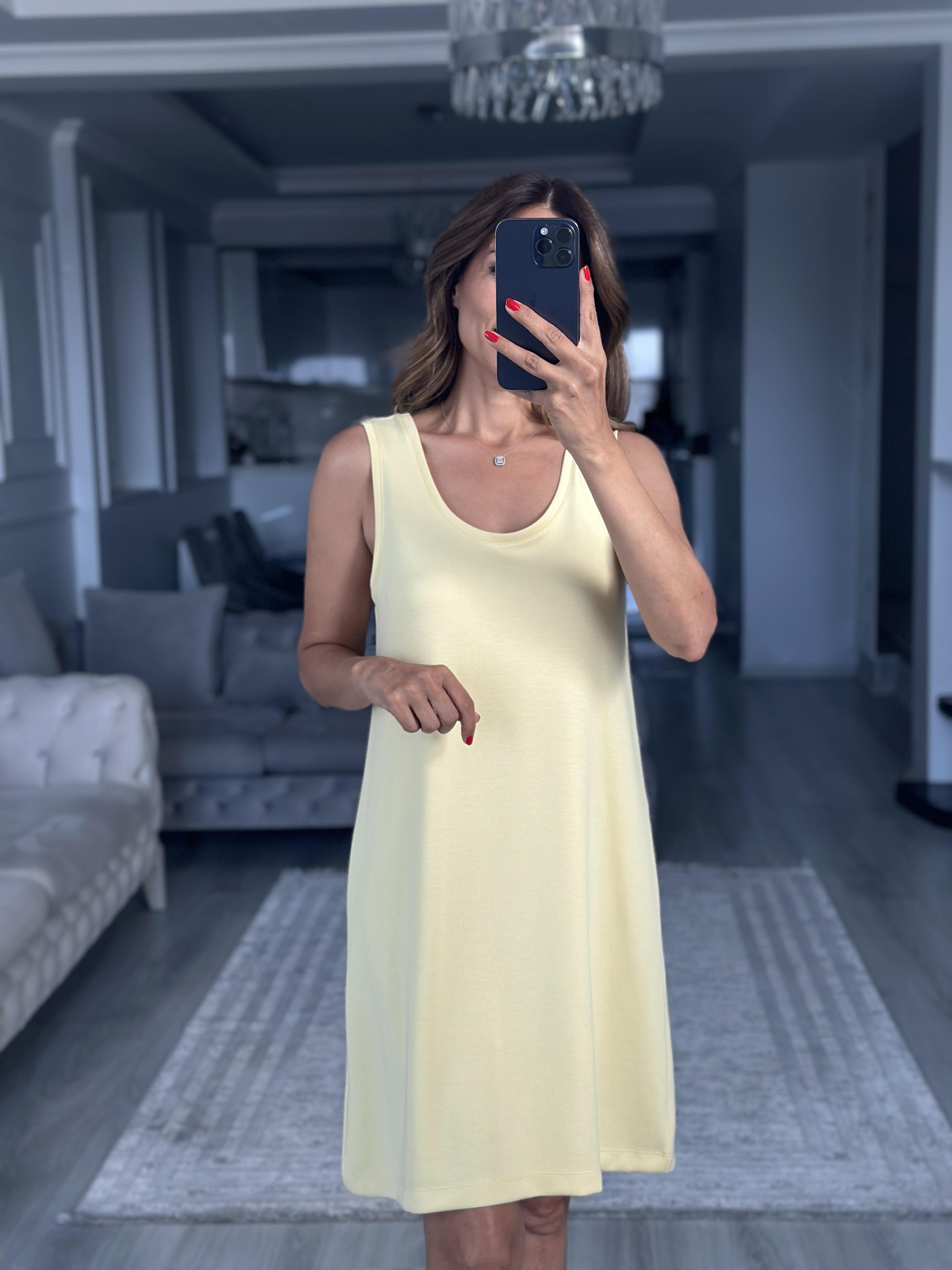 Sarı Ön Arka U Yaka  Basic Mini Kadın Elbise