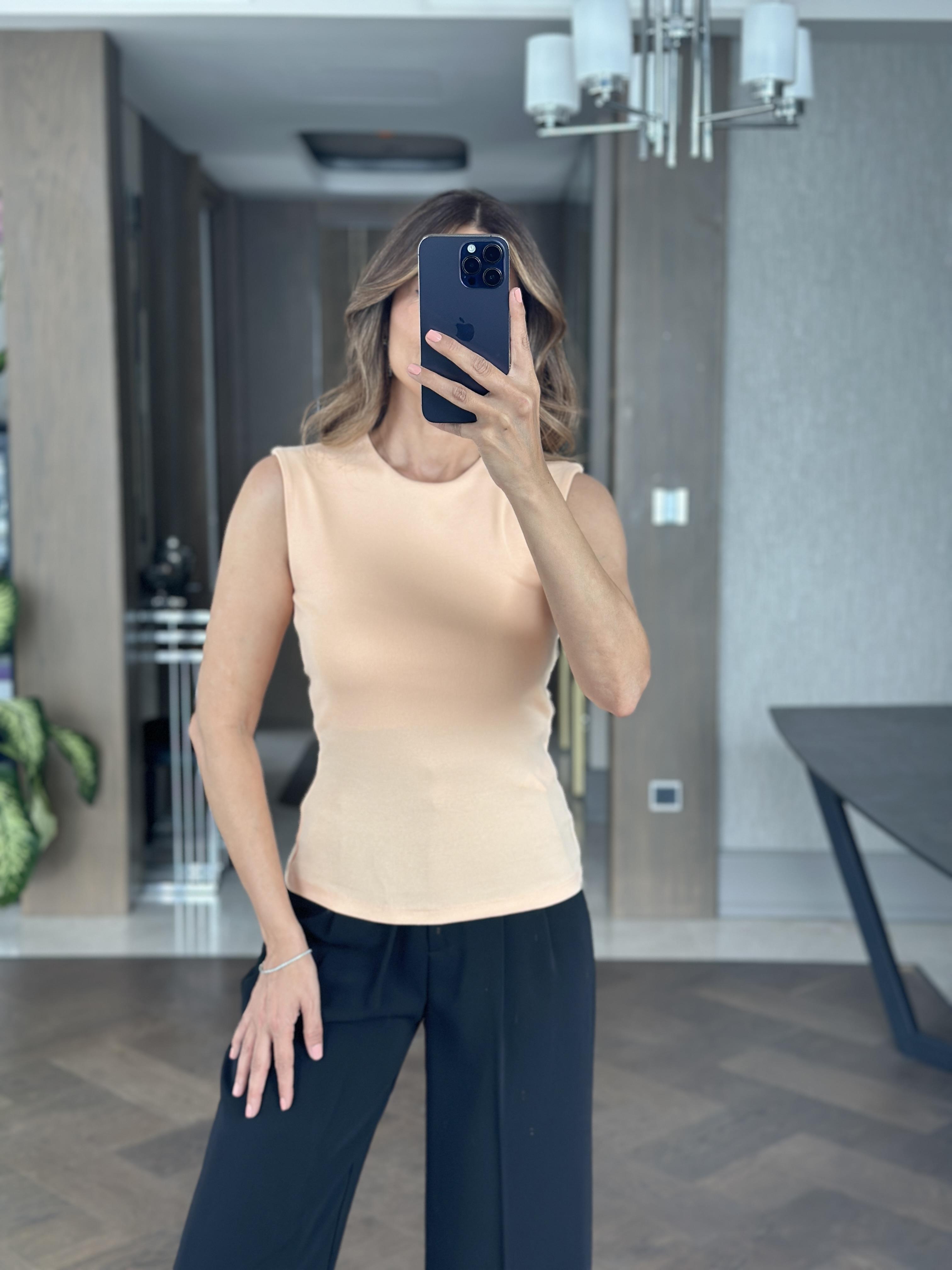 Şeftali Önü Çift Katlı Bisiklet Yaka Sıfır Kol Kadın Body