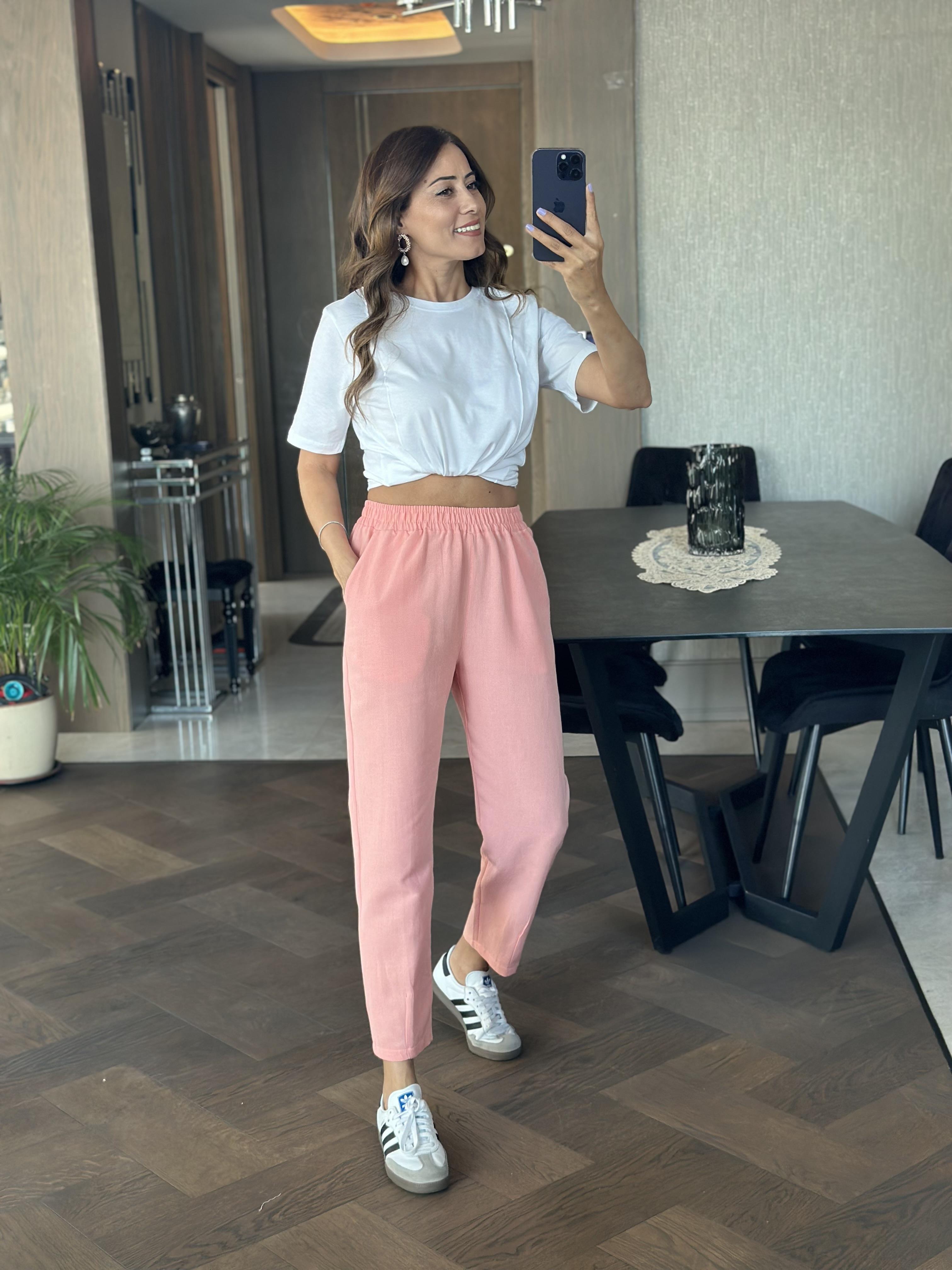 Şeftali Paçası Dikiş Detay Beli Lastikli Cepli Keten Kadın Pantolon