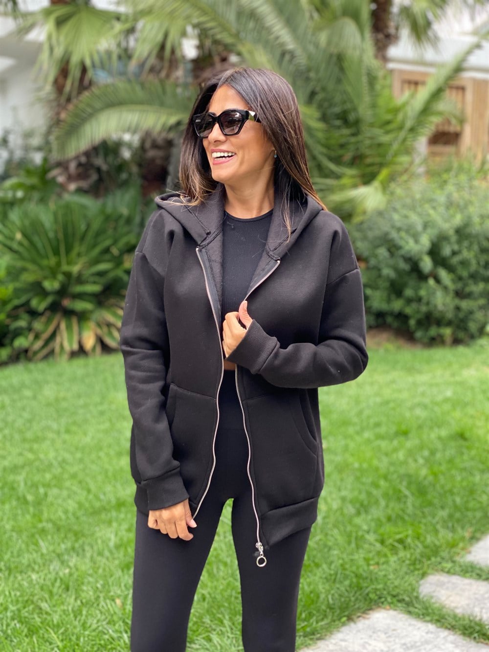 Siyah  Basic Kapüşonlu Fermuarlı Kadın Sweatshirt
