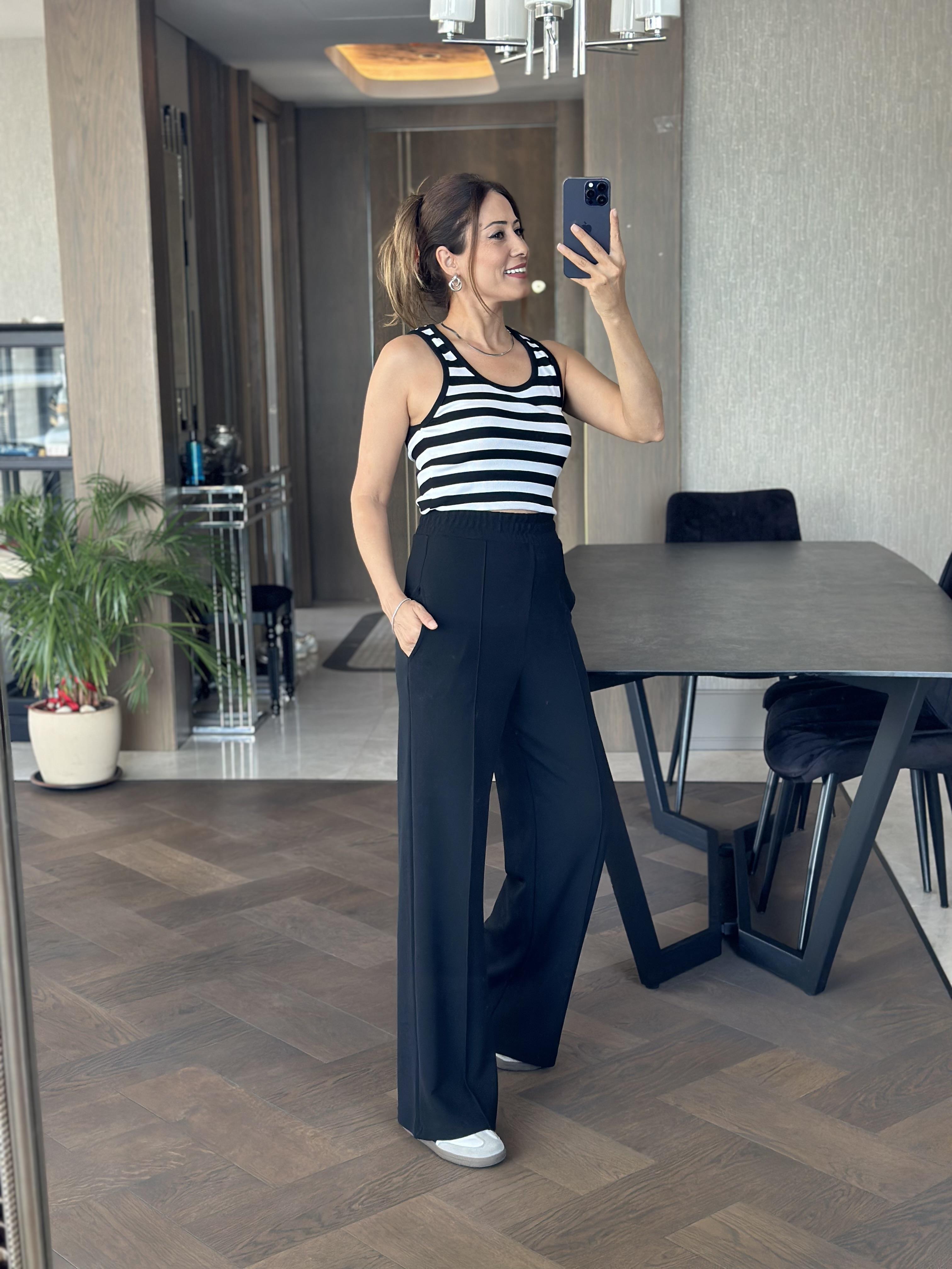 Siyah Beli Kalın Lastikli  Çımalı Likralı Krep Kadın Pantolon