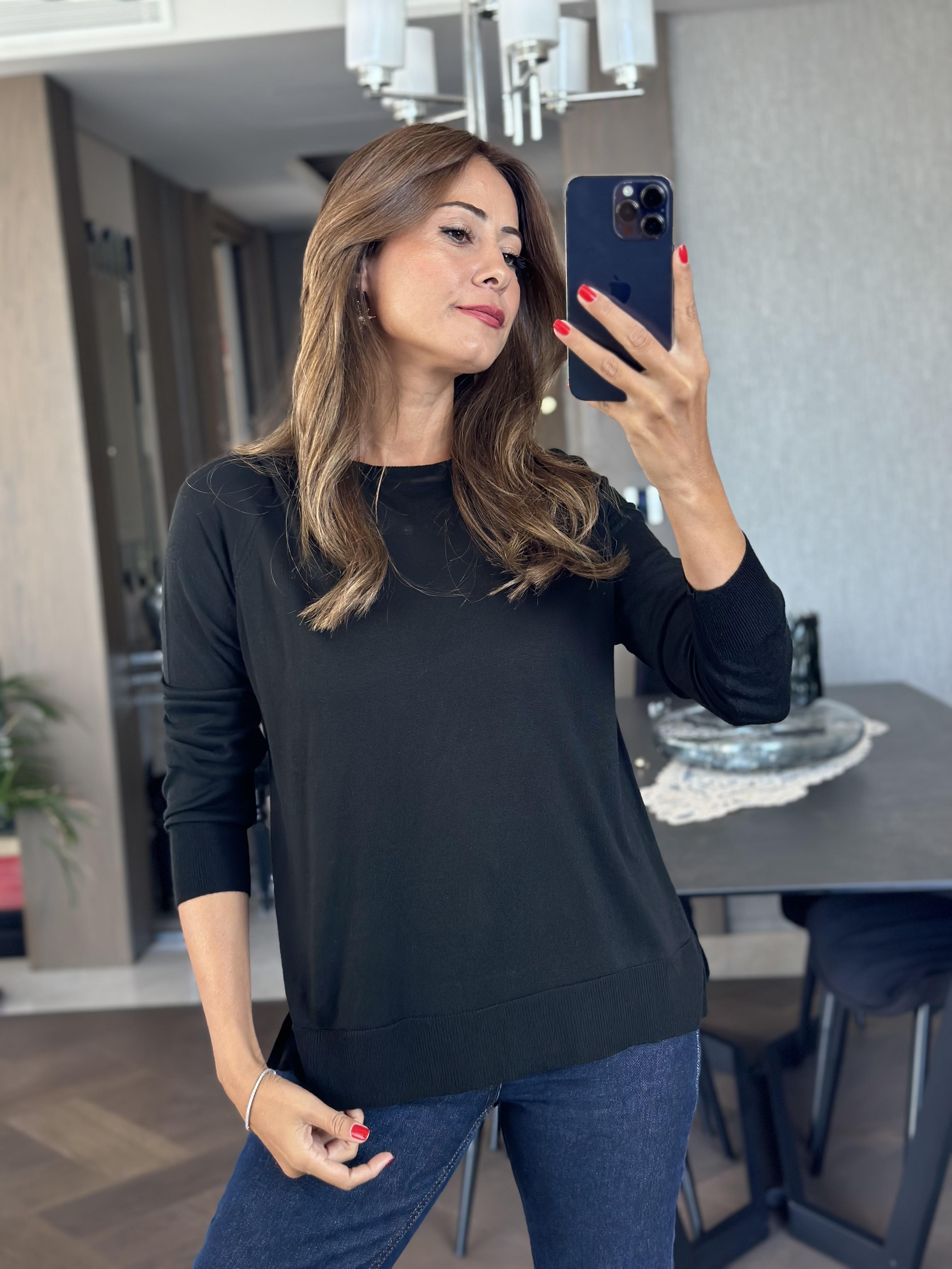 Siyah Bisiklet Yaka Uzun Kol Dlvn Düz Merserize Kadın Bluz