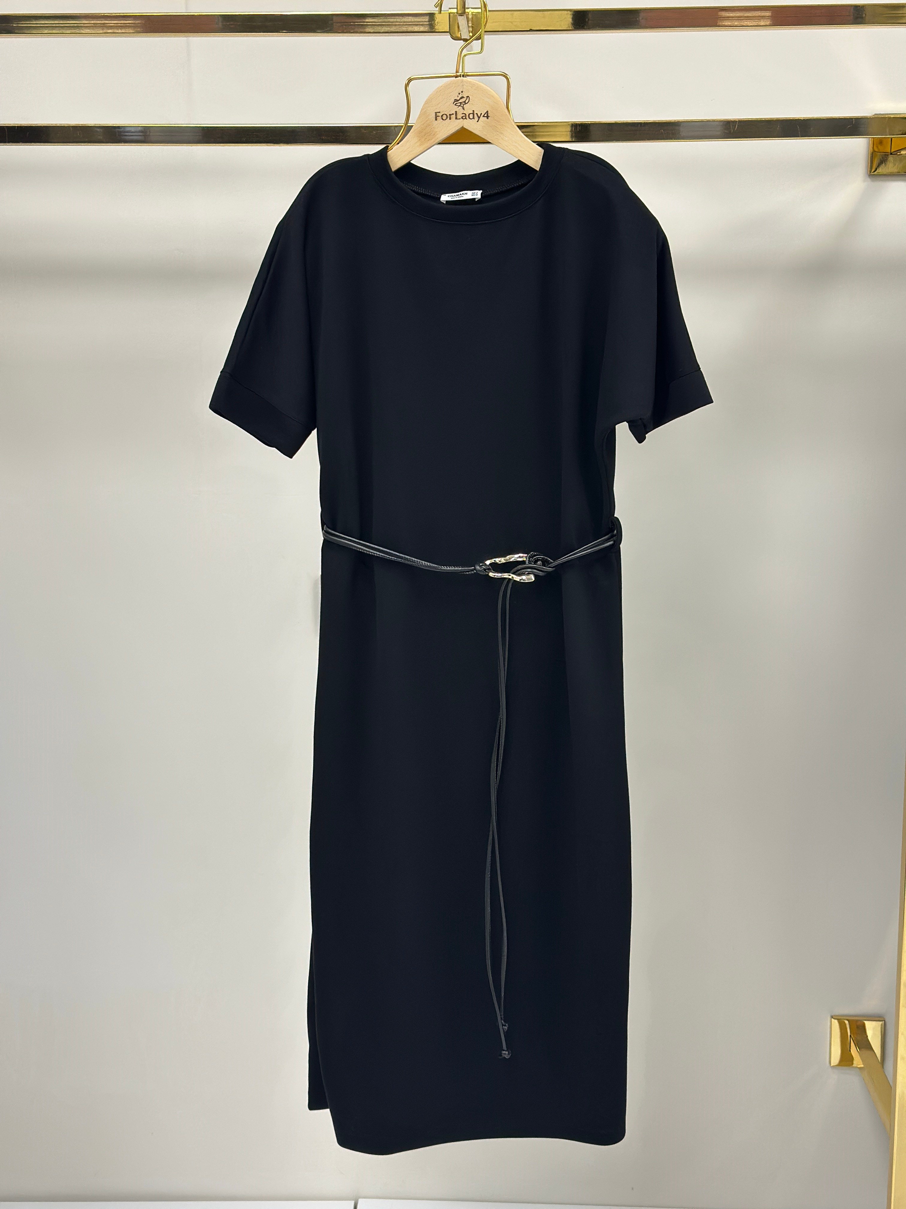 Siyah Cool Kemerli Bisiklet Yaka Midi Boy Kadın Elbise 