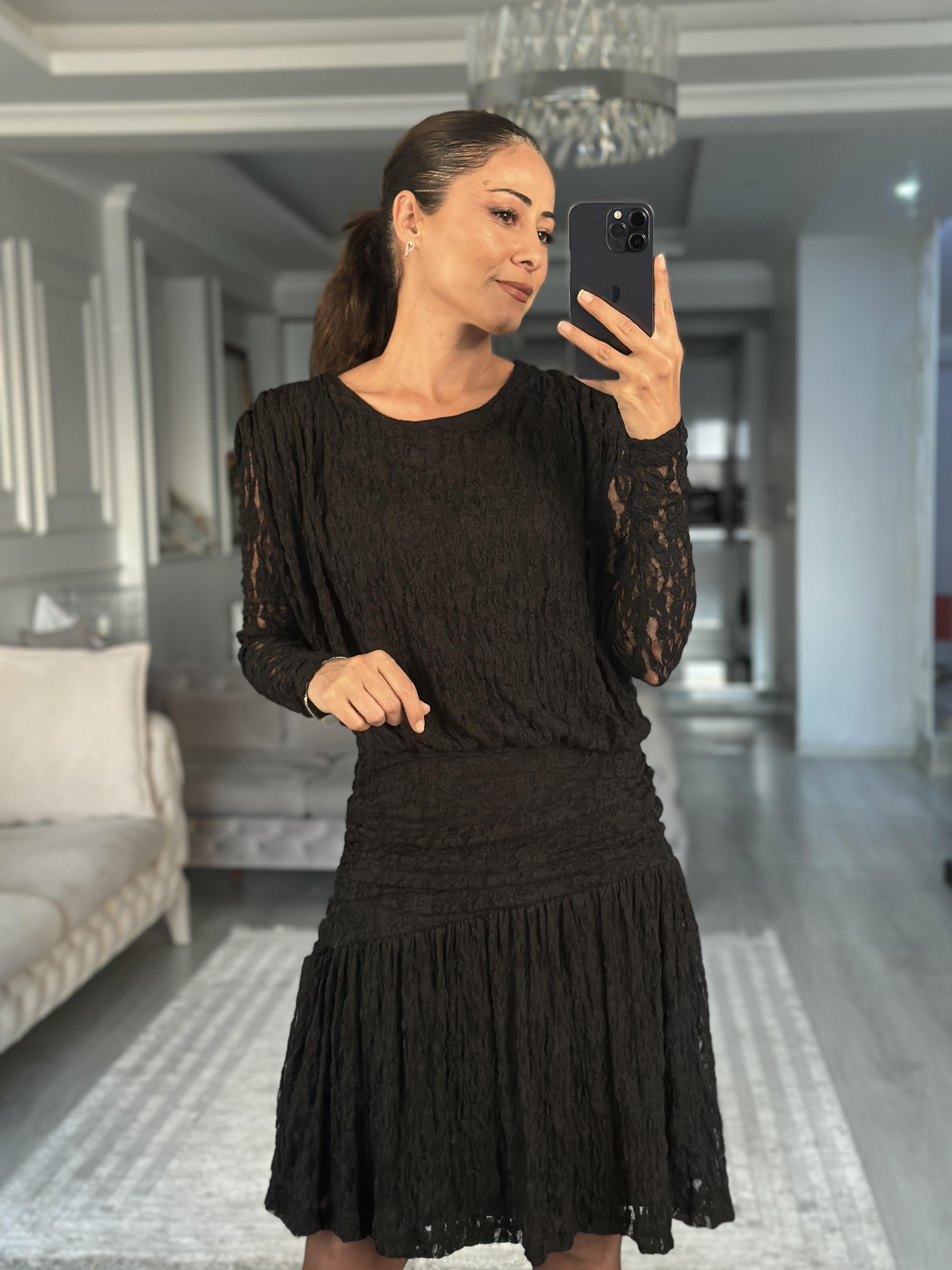 Siyah Dantel Drapeli Uzun Kol Kadın Mini Elbise 