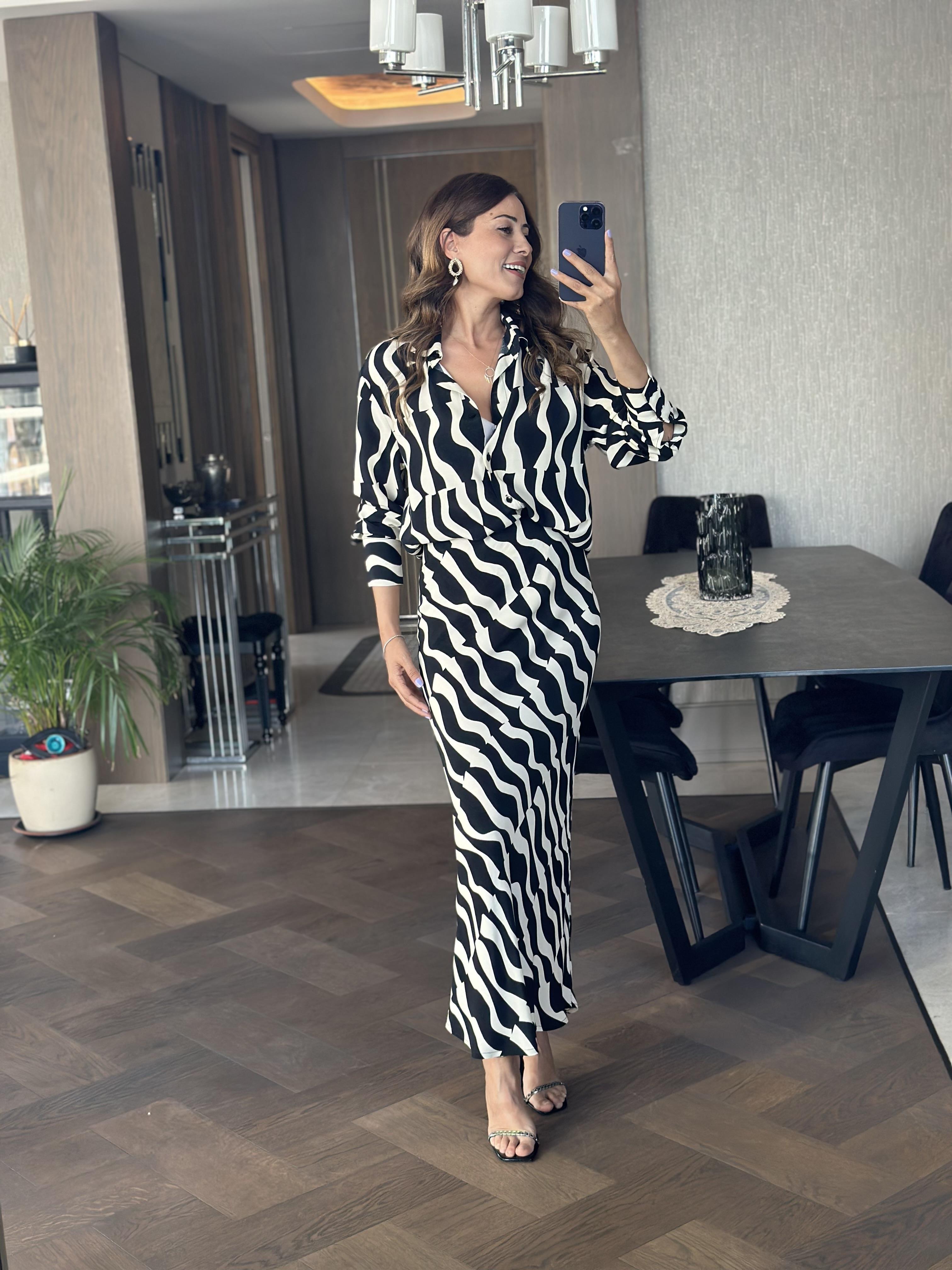 Siyah Desenli Orjinal Marka Gömlek Etek Kadın İkili Takım