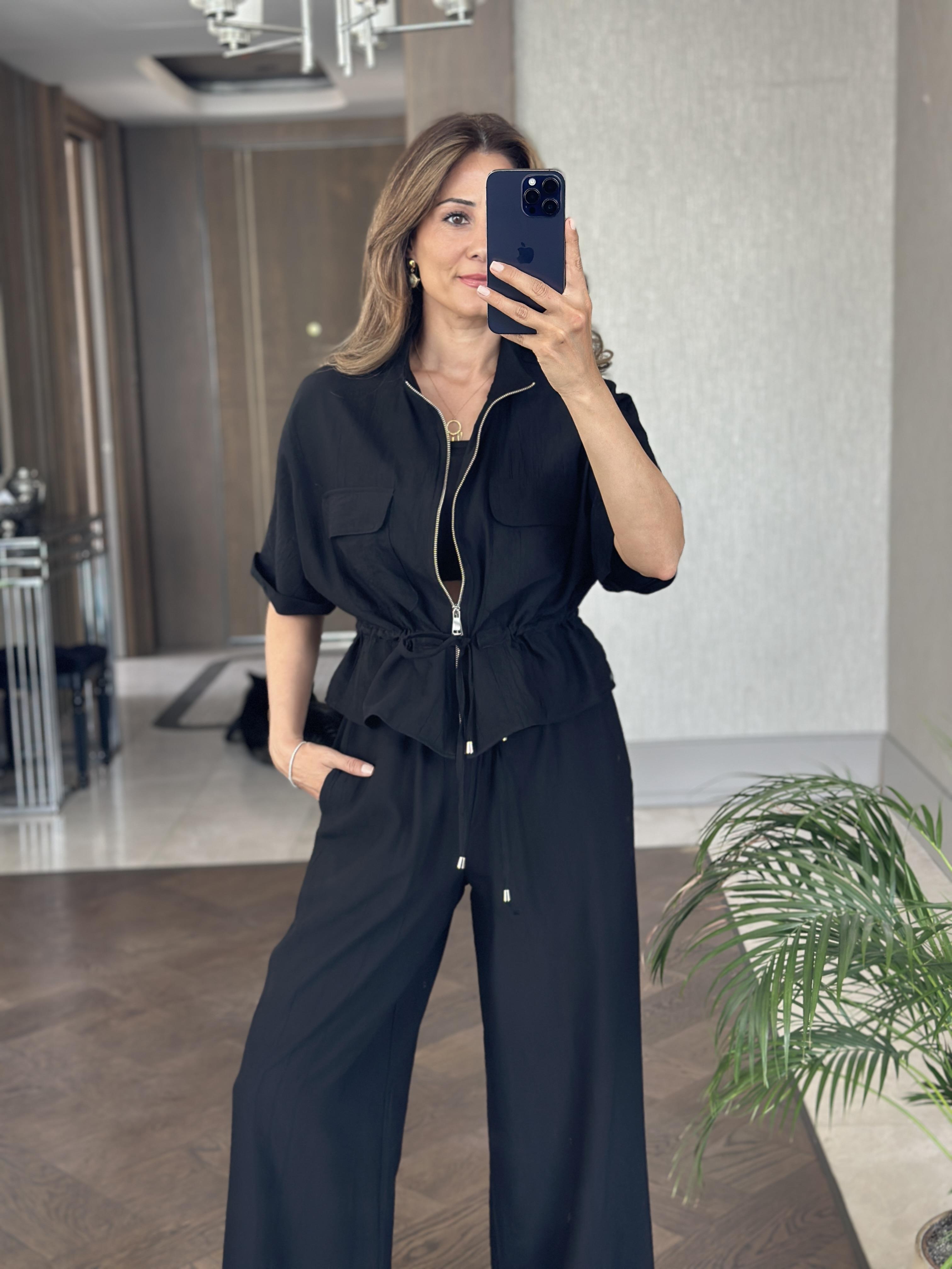 Siyah Dokulu Beli Bağcıklı Ceket Pantolon Kadın Alt Üst Takım