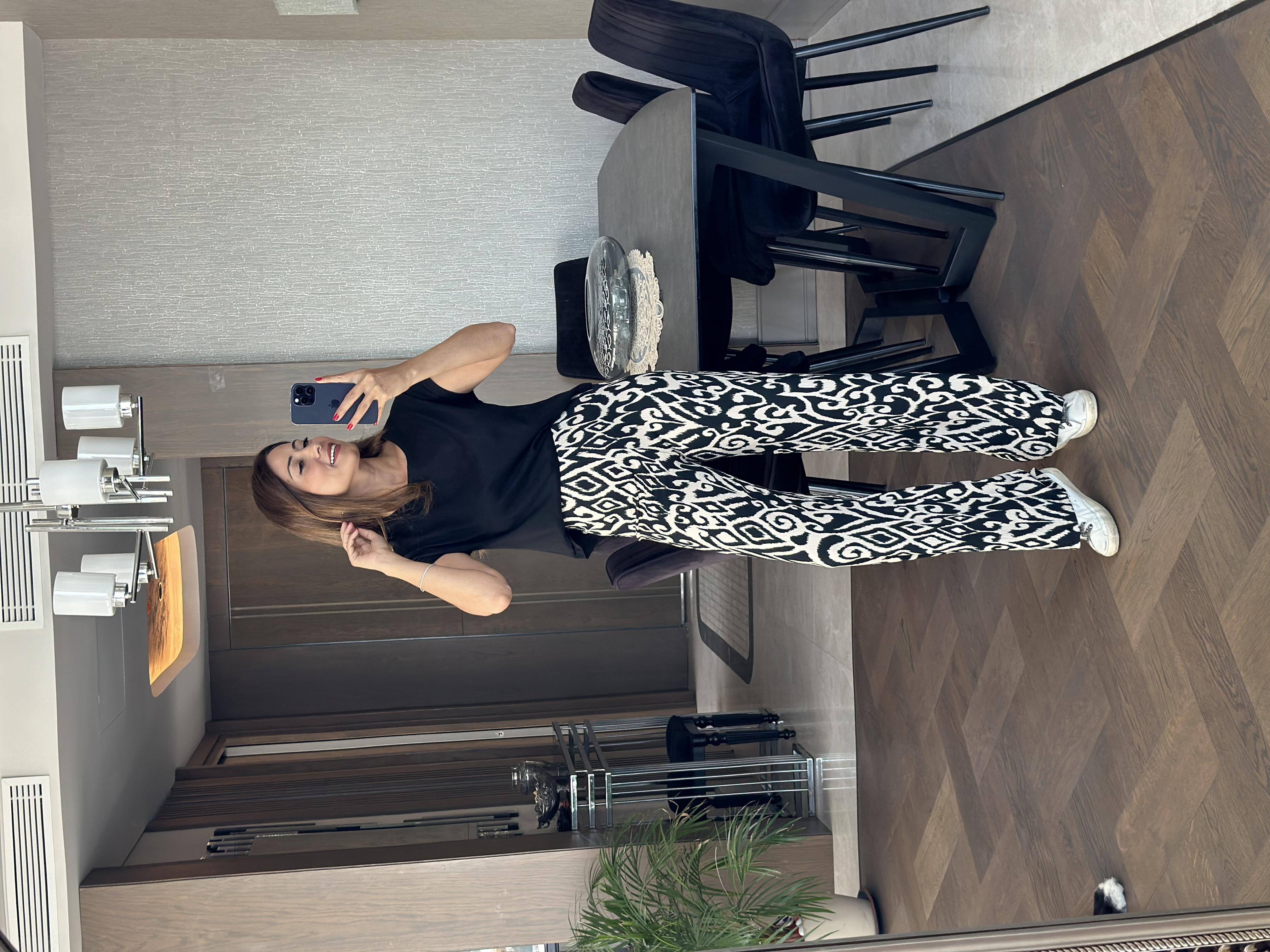 Siyah Ekru Geometrik Desenli Beli Lastikli Bürümcük Kadın Pantolon