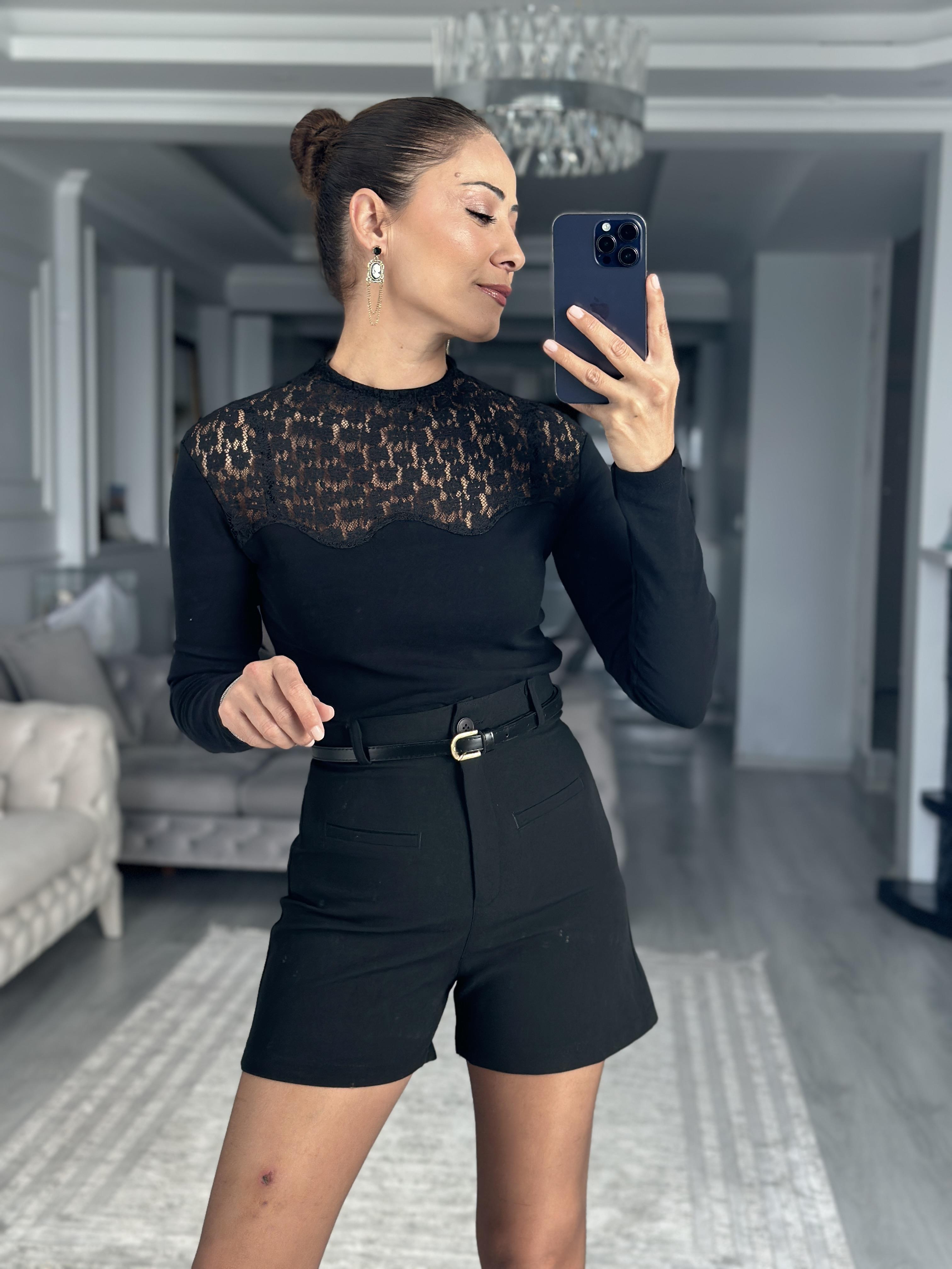 Siyah Elegant Dantel Garnili Uzun Kol Kadın Bluz