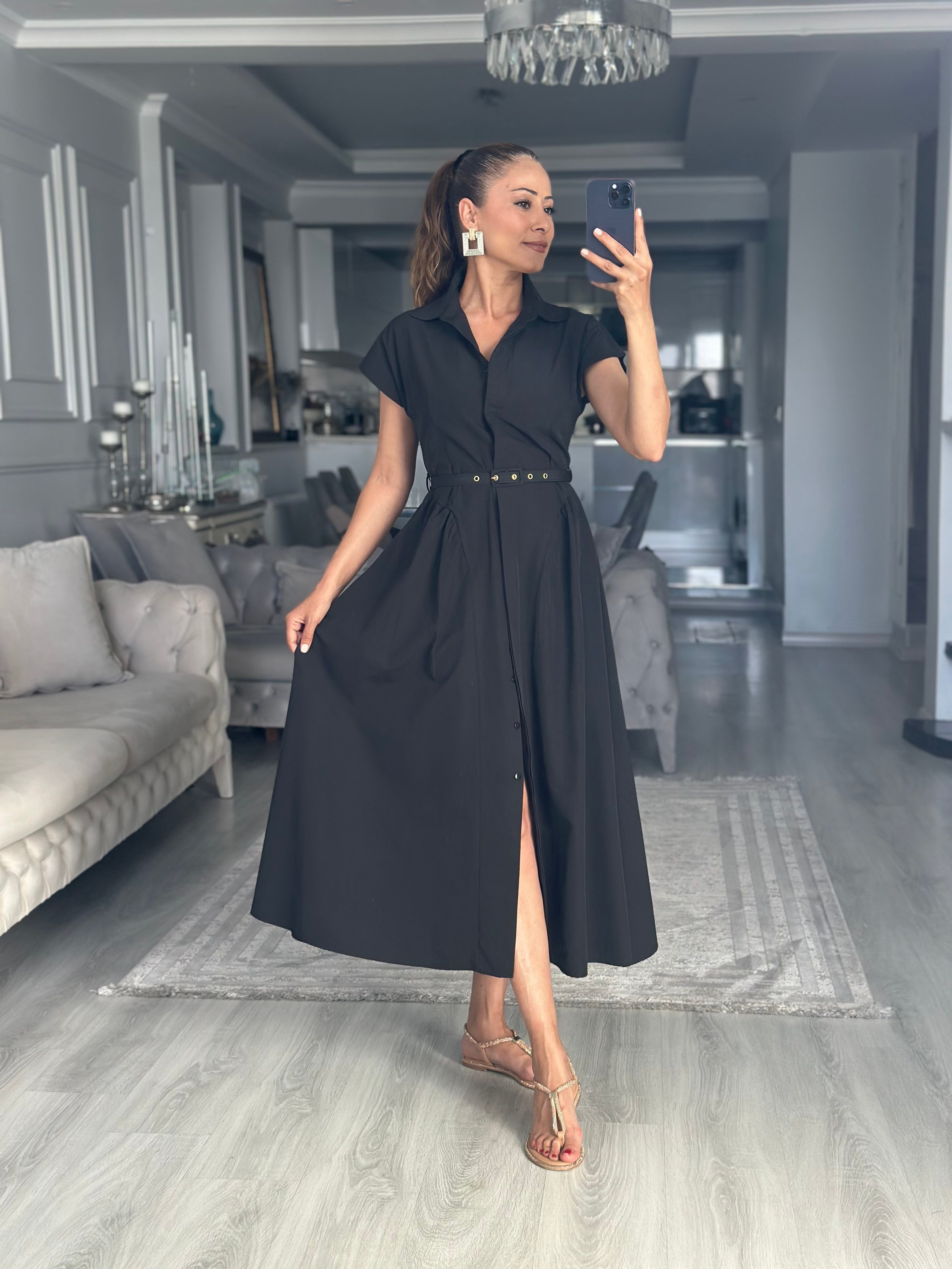 Siyah Eteği Prenses Kemerli  Midi Boy Kadın Gömlek Elbise