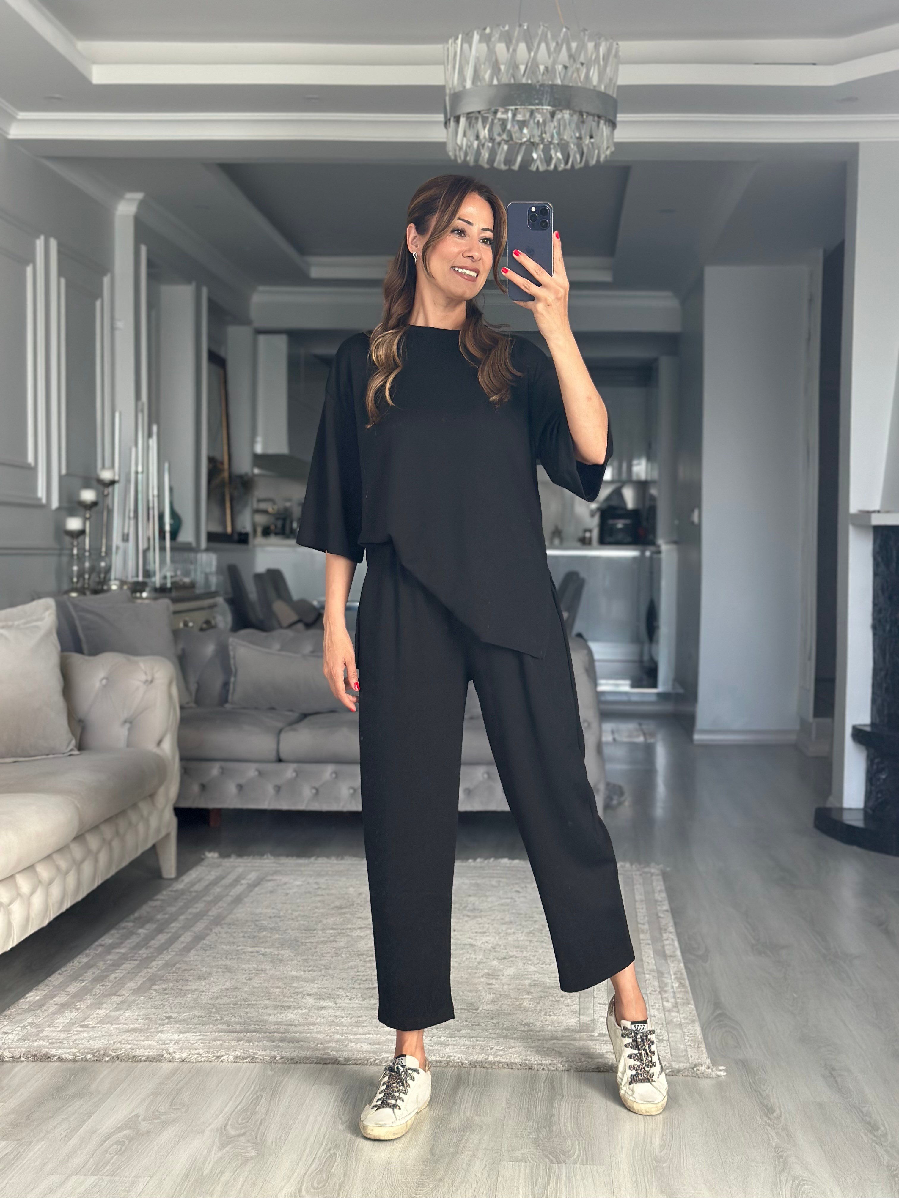 Siyah Fakir Kol Yırtmaçlı Oversize Modal Kadın İkili Takım