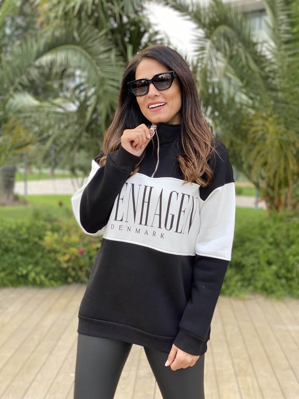 Siyah Fermuarlı Denmark Baskılı İki İplik Kadın Sweatshirt