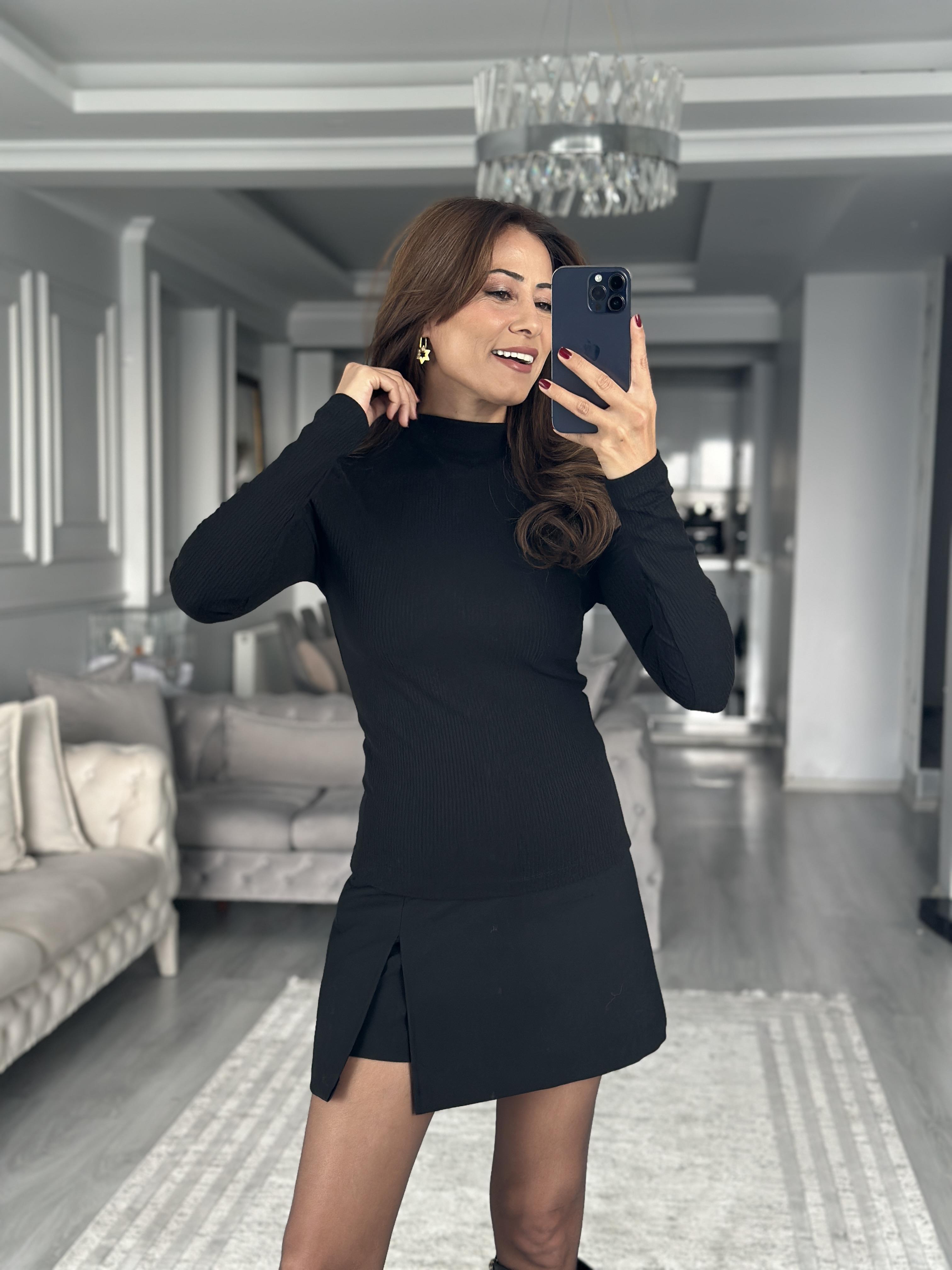 Siyah Fitilli Dik Yaka Uzun Kollu Body