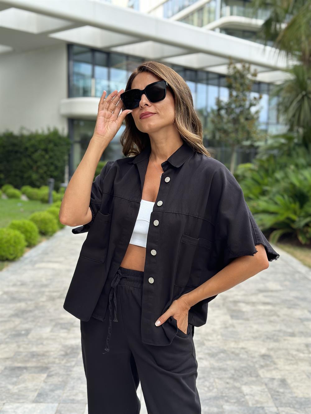 Siyah Gabardin Kısa Kol Gömlek Pantolon Kadın İkili Takım