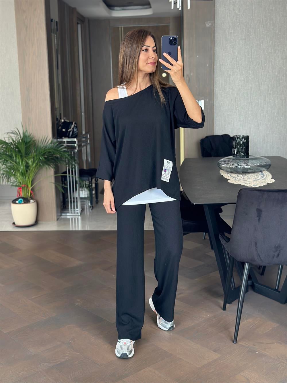 Siyah Geniş Paça Armalı Bürümcük Üçlü Kadın Takım