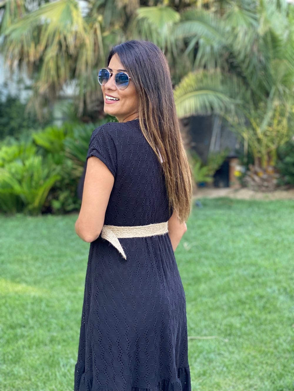 Siyah Hasır Kemerli Anvelop Örme Brode Kadın Elbise