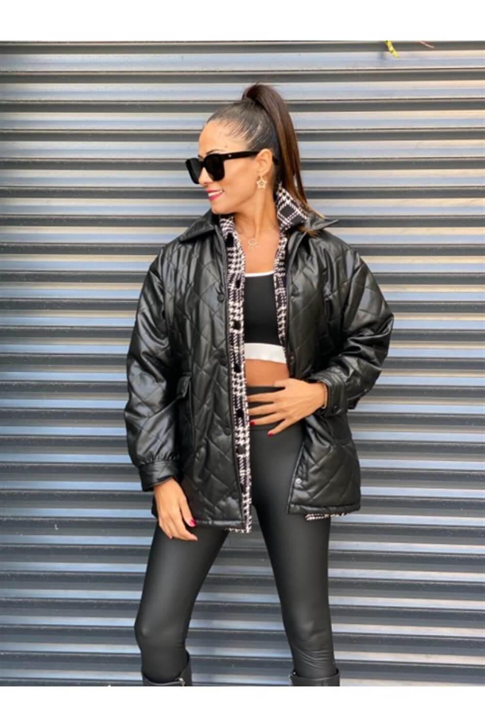 Siyah Kapitone Deri Mont 